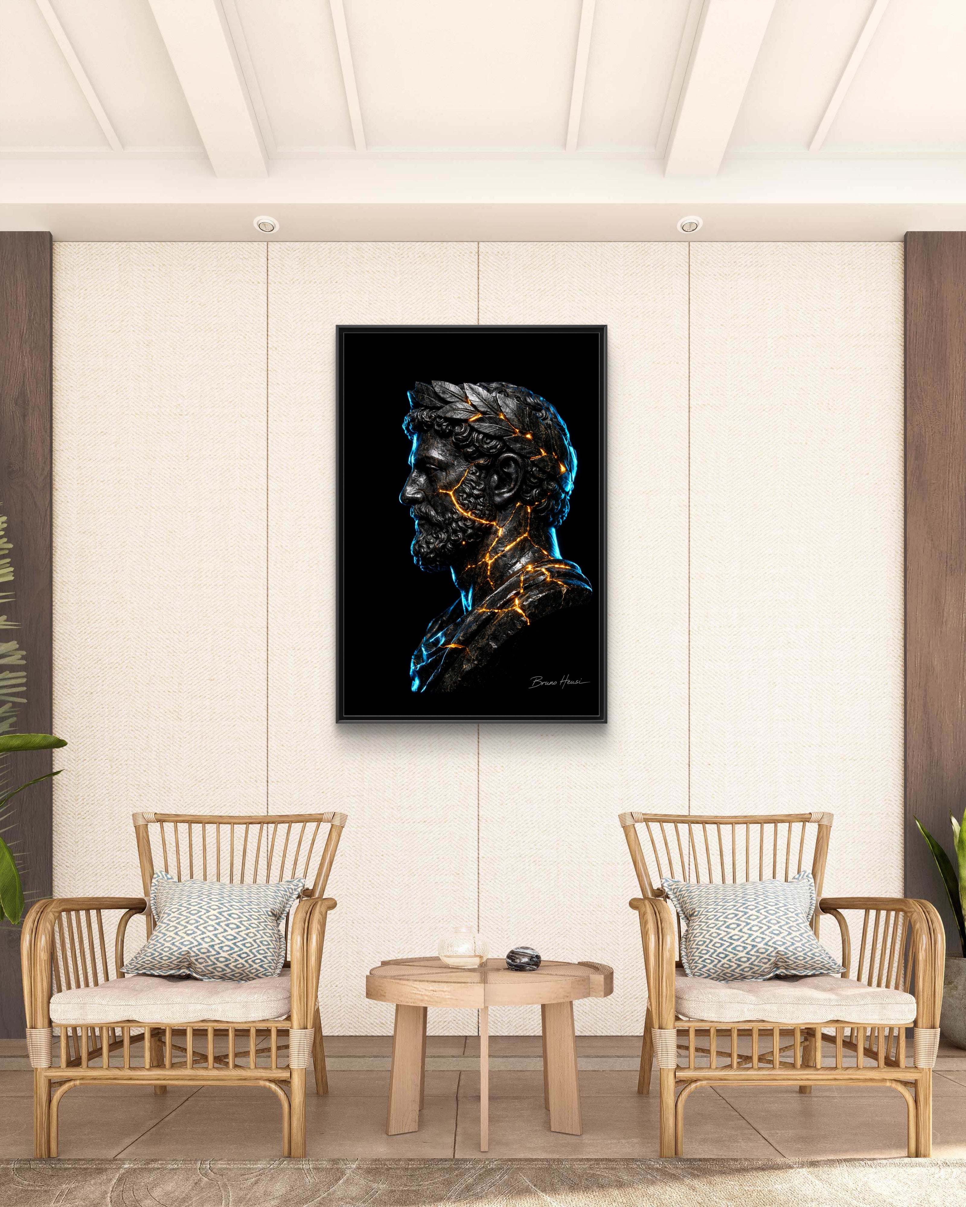 Roman Emperor Neon Bust Framed Canvas Wall Art — Modern Sculpture Print
