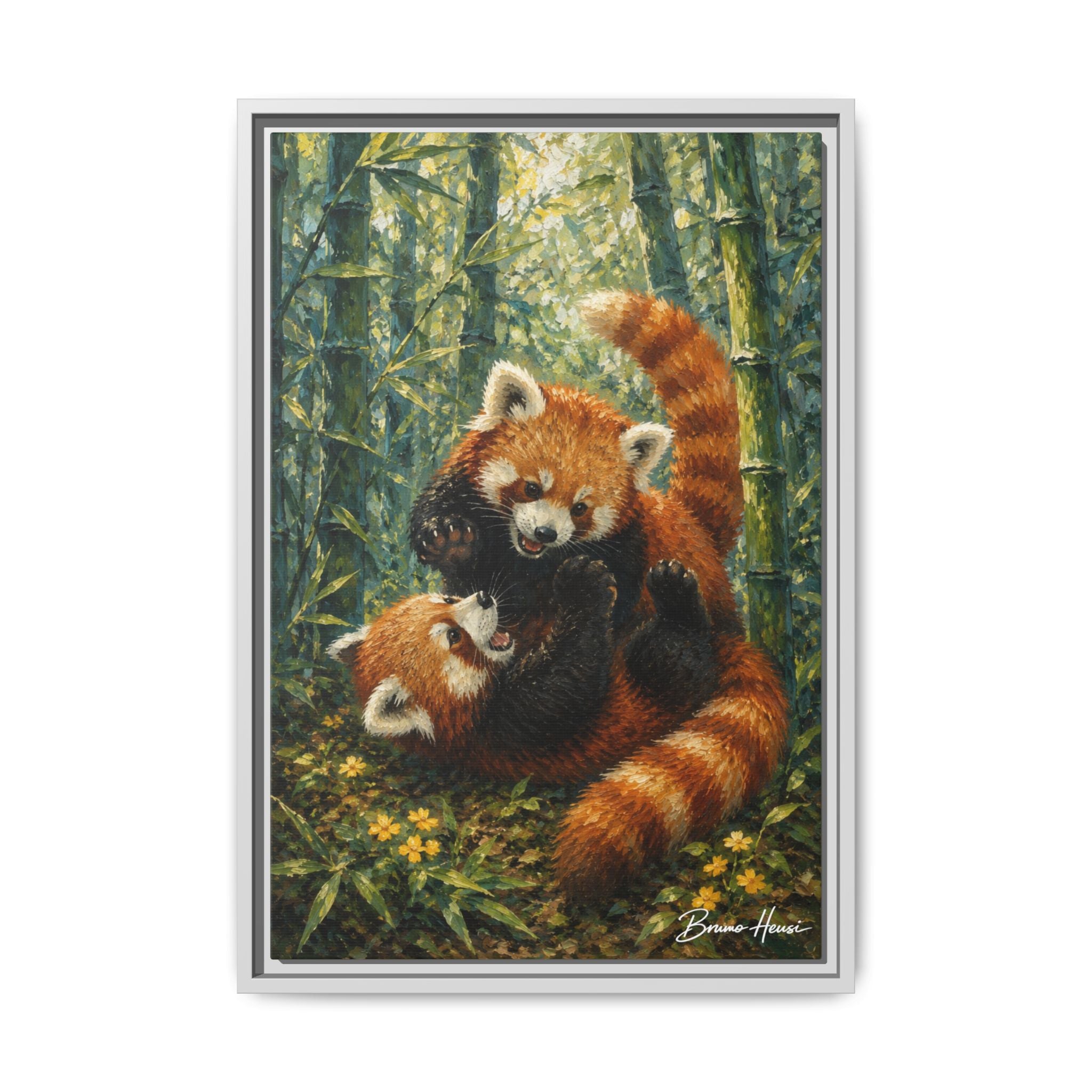 Red Panda Playtime Framed Canvas Wall Art — Playful Wildlife Print