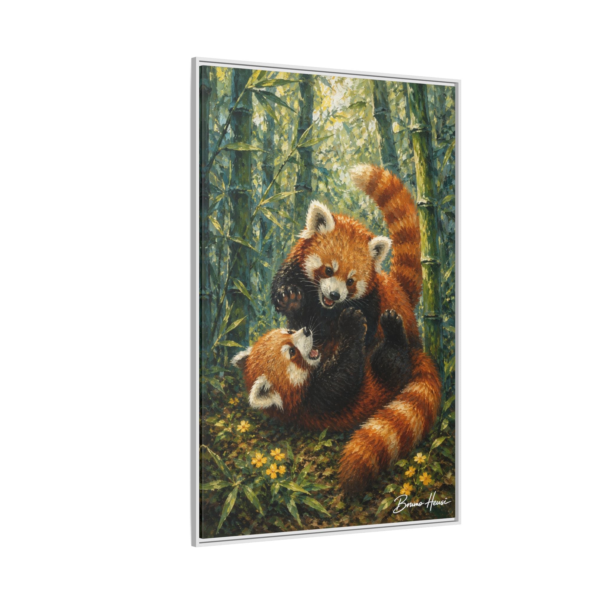 Red Panda Playtime Framed Canvas Wall Art — Playful Wildlife Print