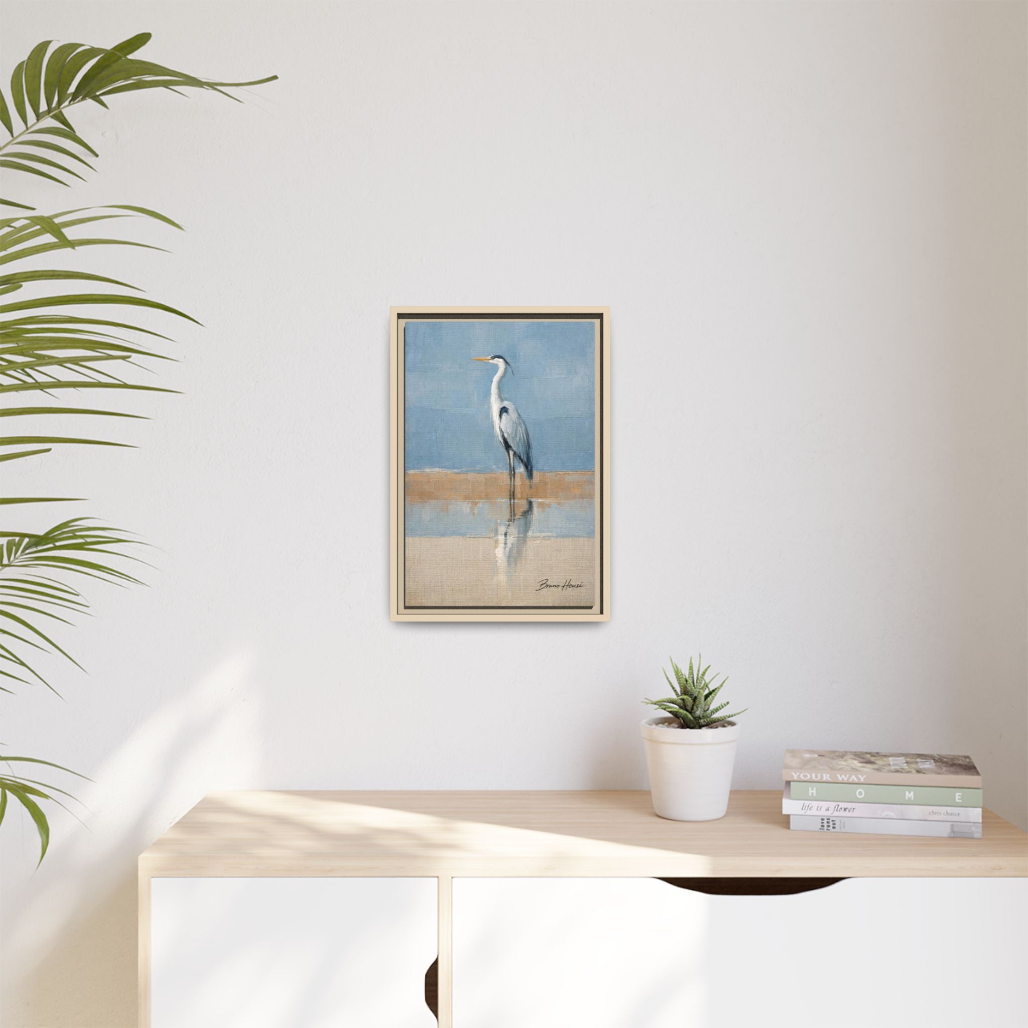 Framed Heron Canvas Art – Coastal Shorebird Wall Decor