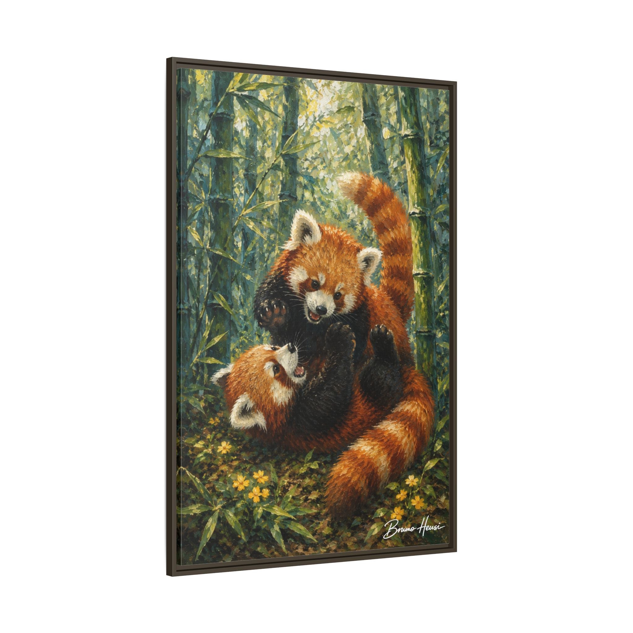Red Panda Playtime Framed Canvas Wall Art — Playful Wildlife Print