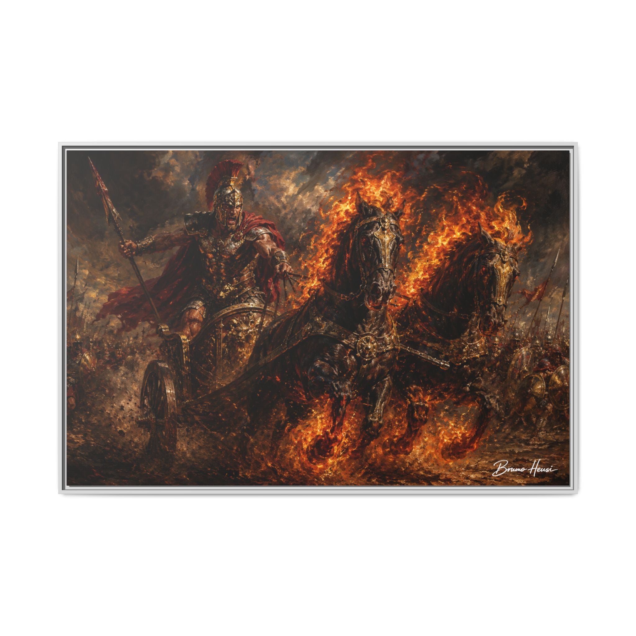 Flaming Chariot Framed Canvas Wall Art — Mythic Warrior Matte Print