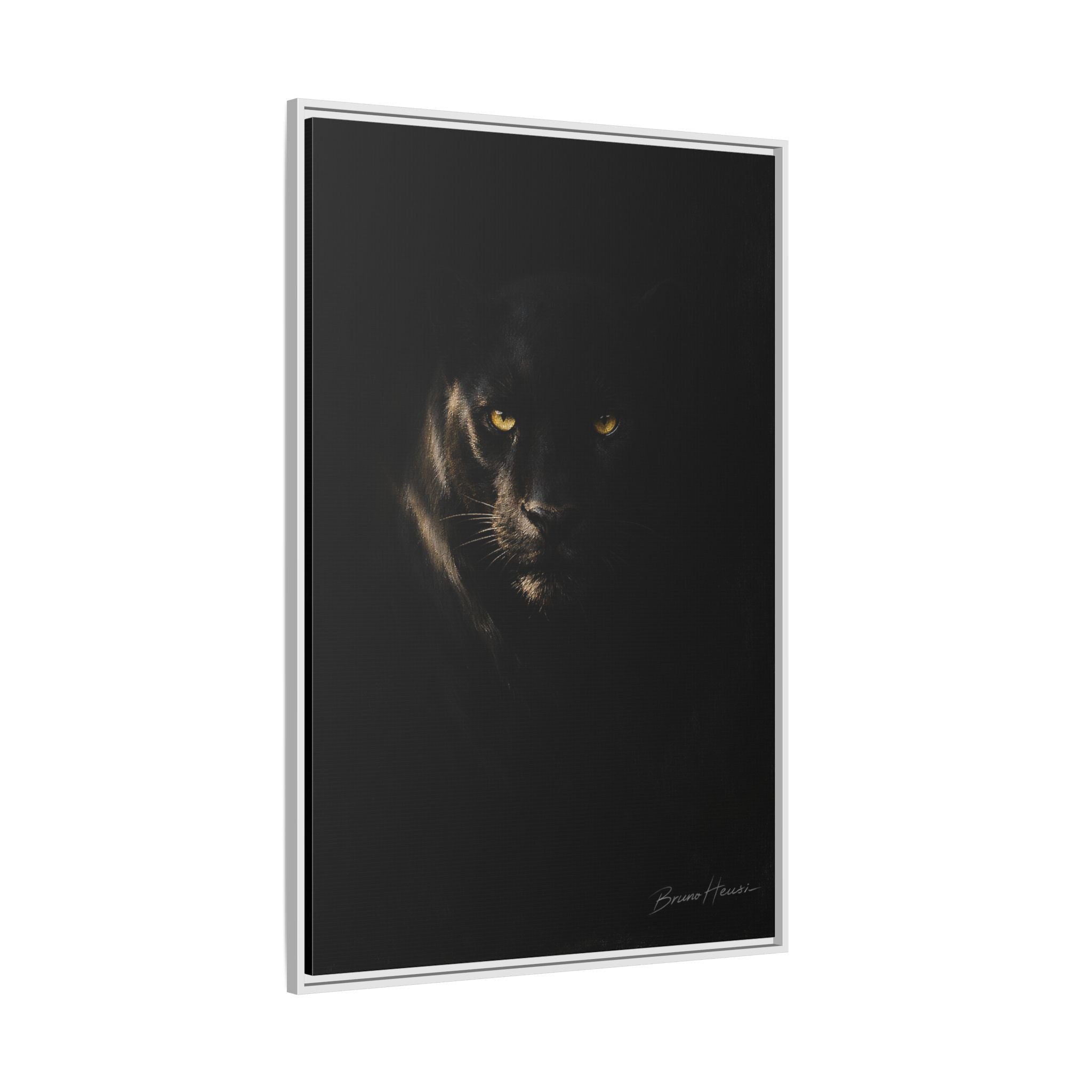 Framed Matte Canvas - Black Panther Wall Art with Golden Eyes