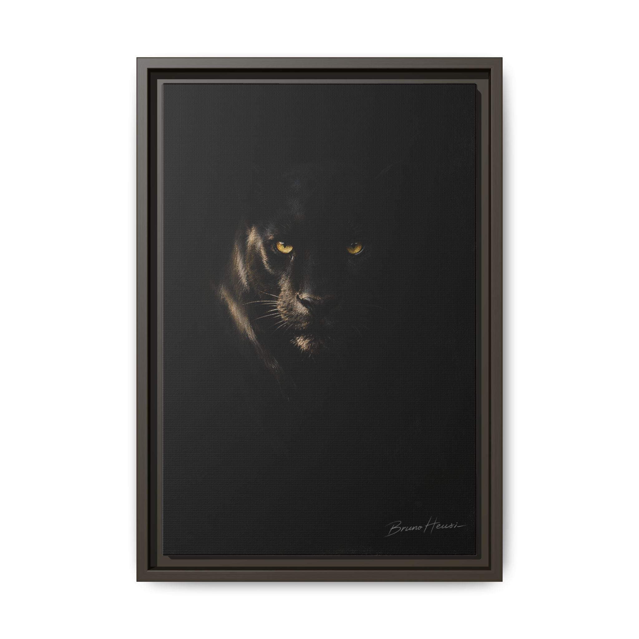 Framed Matte Canvas - Black Panther Wall Art with Golden Eyes