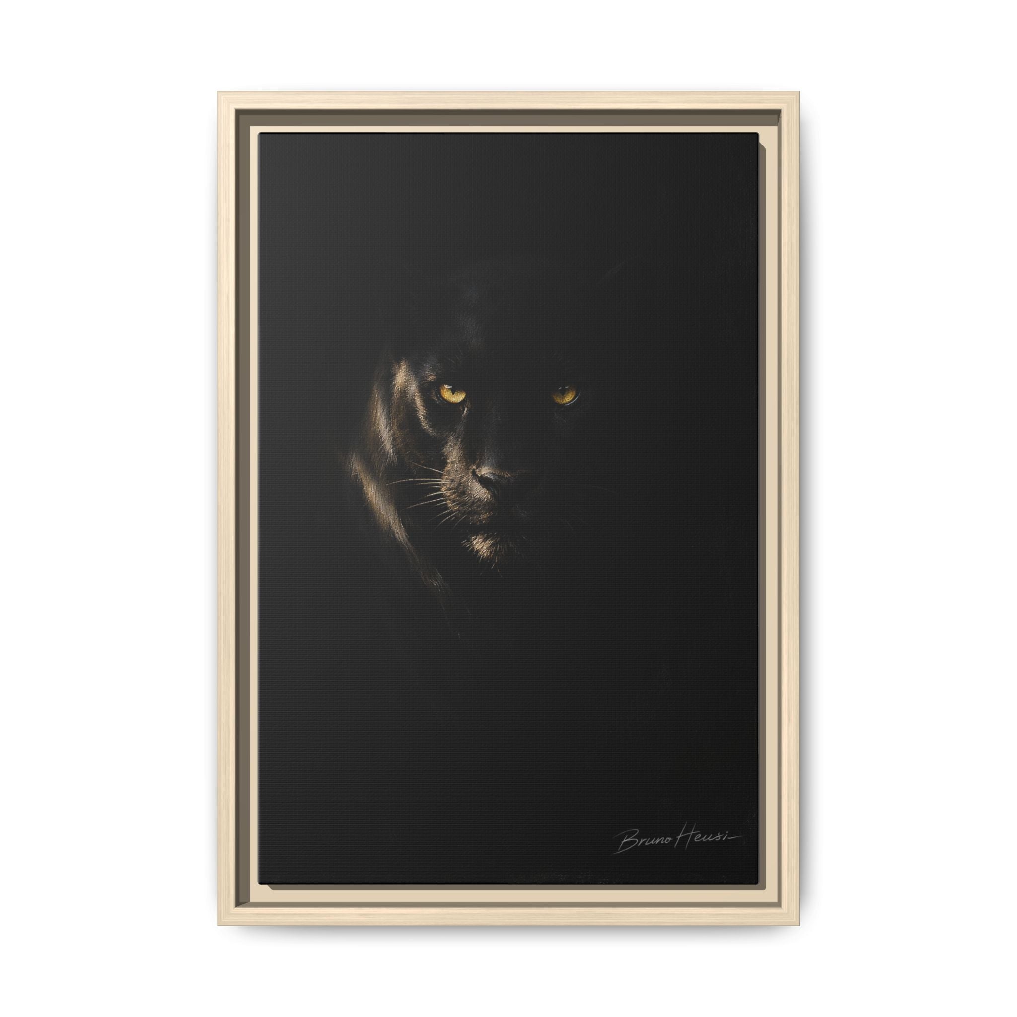 Framed Matte Canvas - Black Panther Wall Art with Golden Eyes