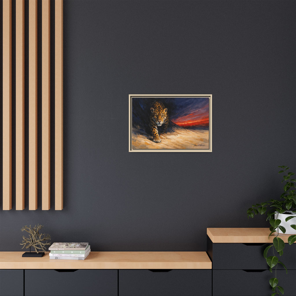 Framed Jaguar Canvas Art – Majestic Big Cat Painting with Sunset Sky