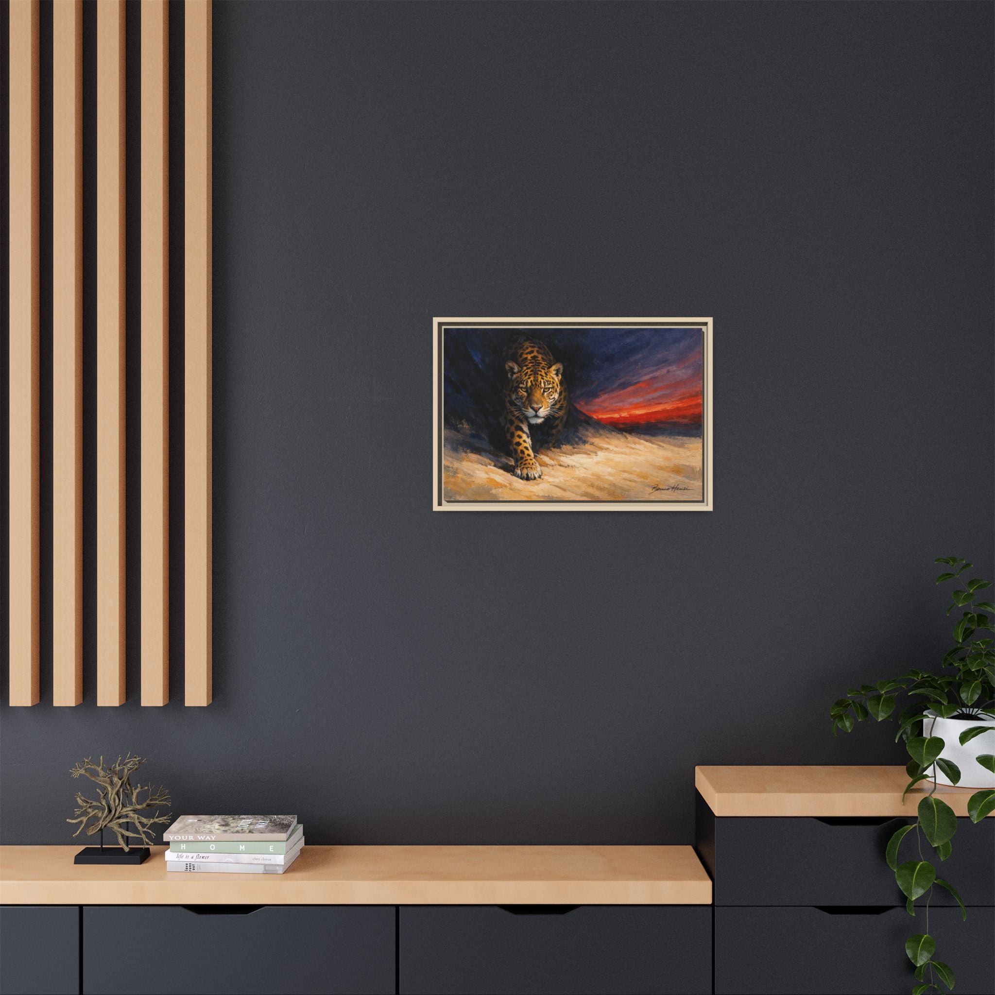 Framed Jaguar Canvas Art – Majestic Big Cat Painting with Sunset Sky