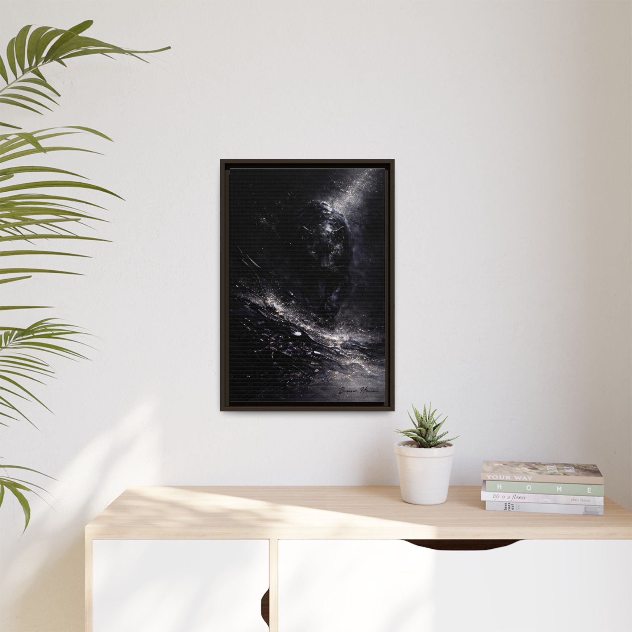 Cosmic Black Panther Matte Framed Canvas – Dark Abstract Wildlife Wall Art