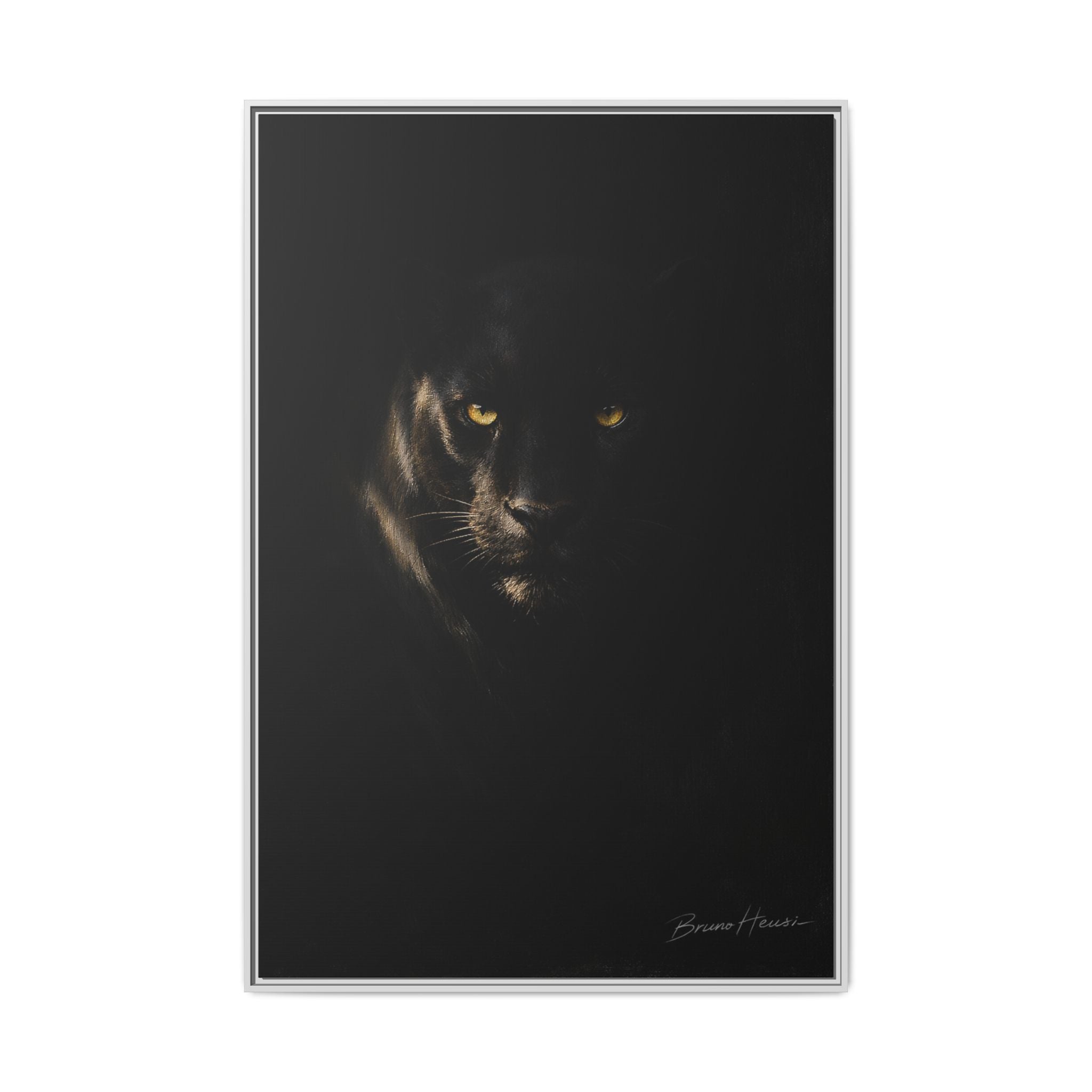 Framed Matte Canvas - Black Panther Wall Art with Golden Eyes