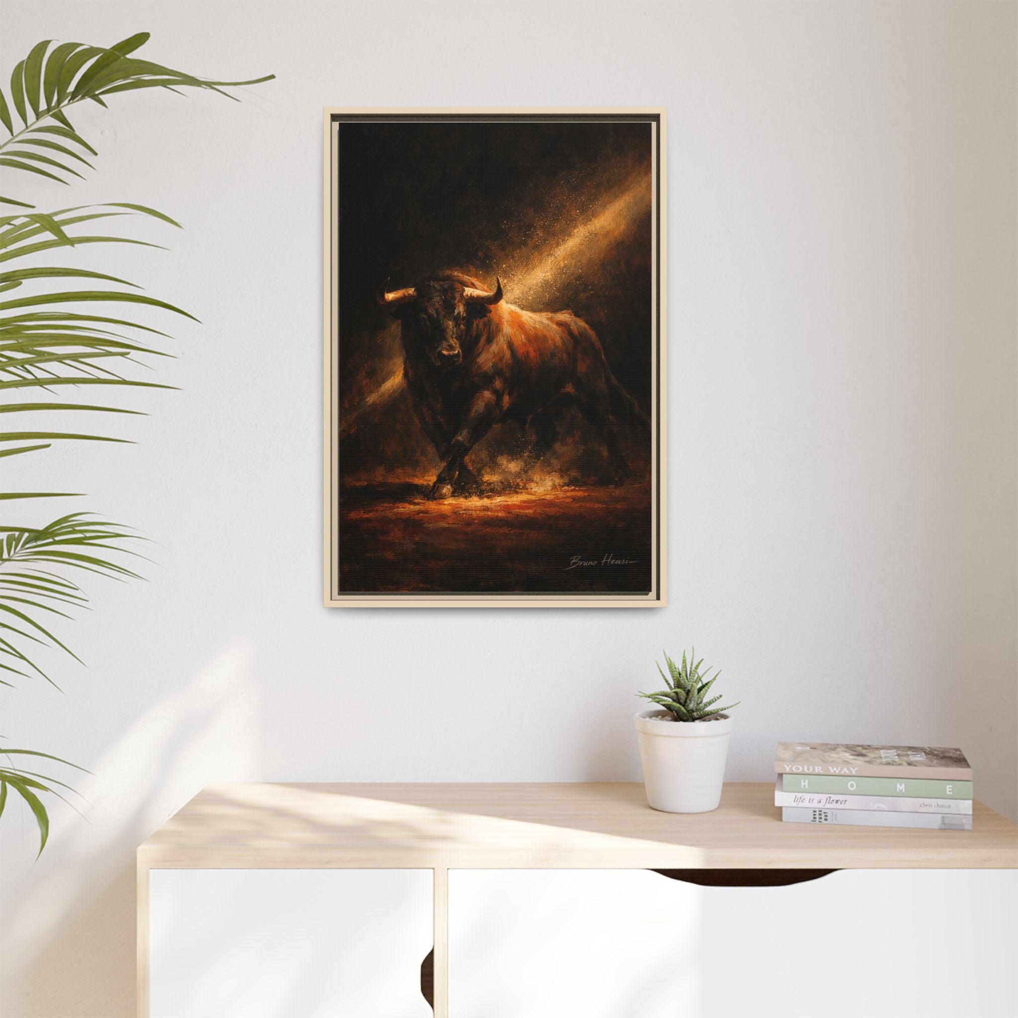 Framed Matte Canvas Art - Dramatic Charging Bull Painting