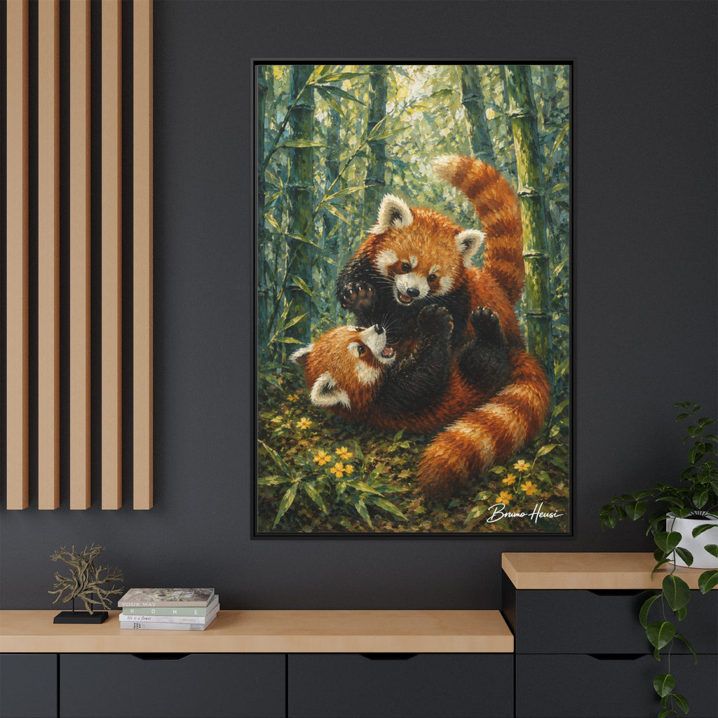 Red Panda Playtime Framed Canvas Wall Art — Playful Wildlife Print