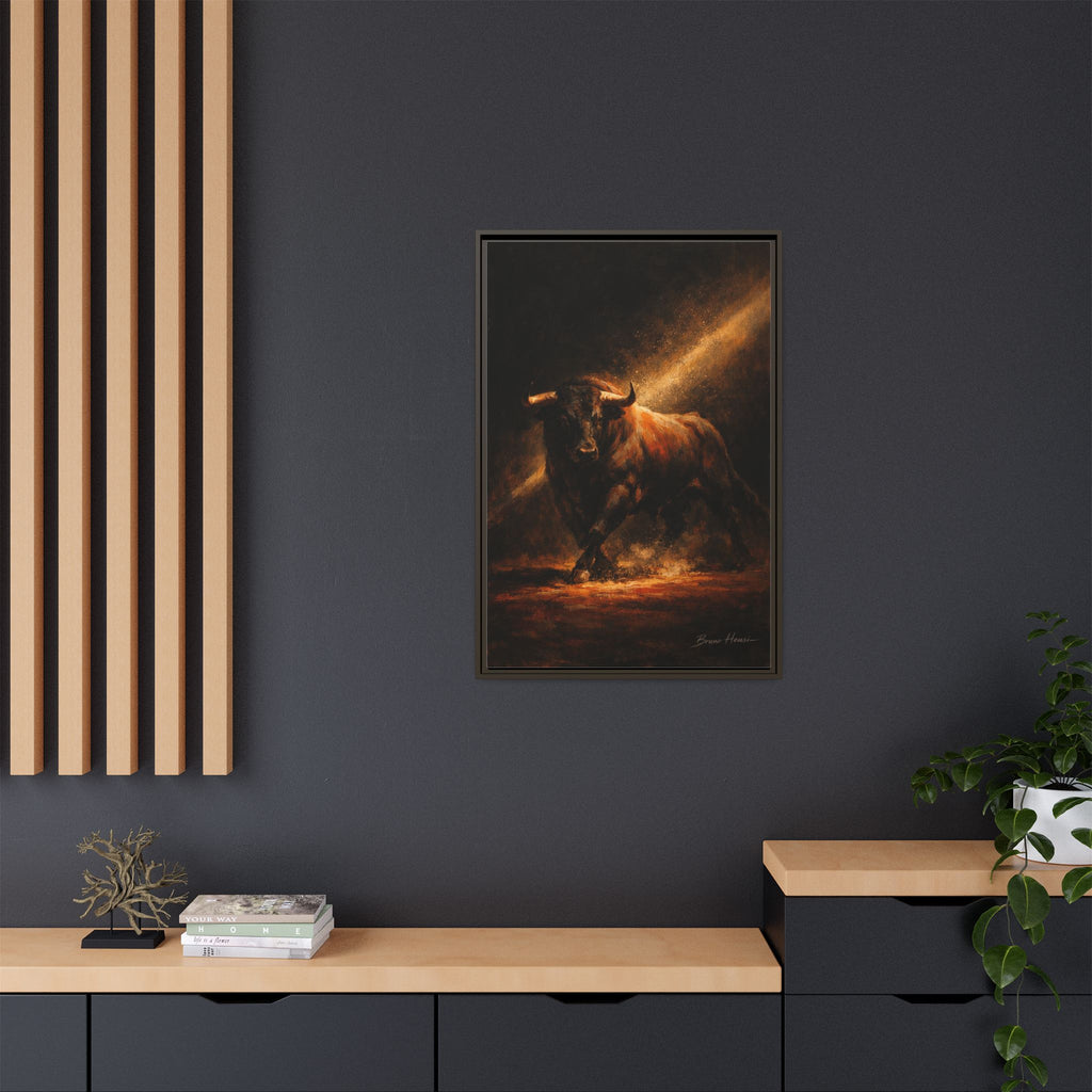 Framed Matte Canvas Art - Dramatic Charging Bull Painting