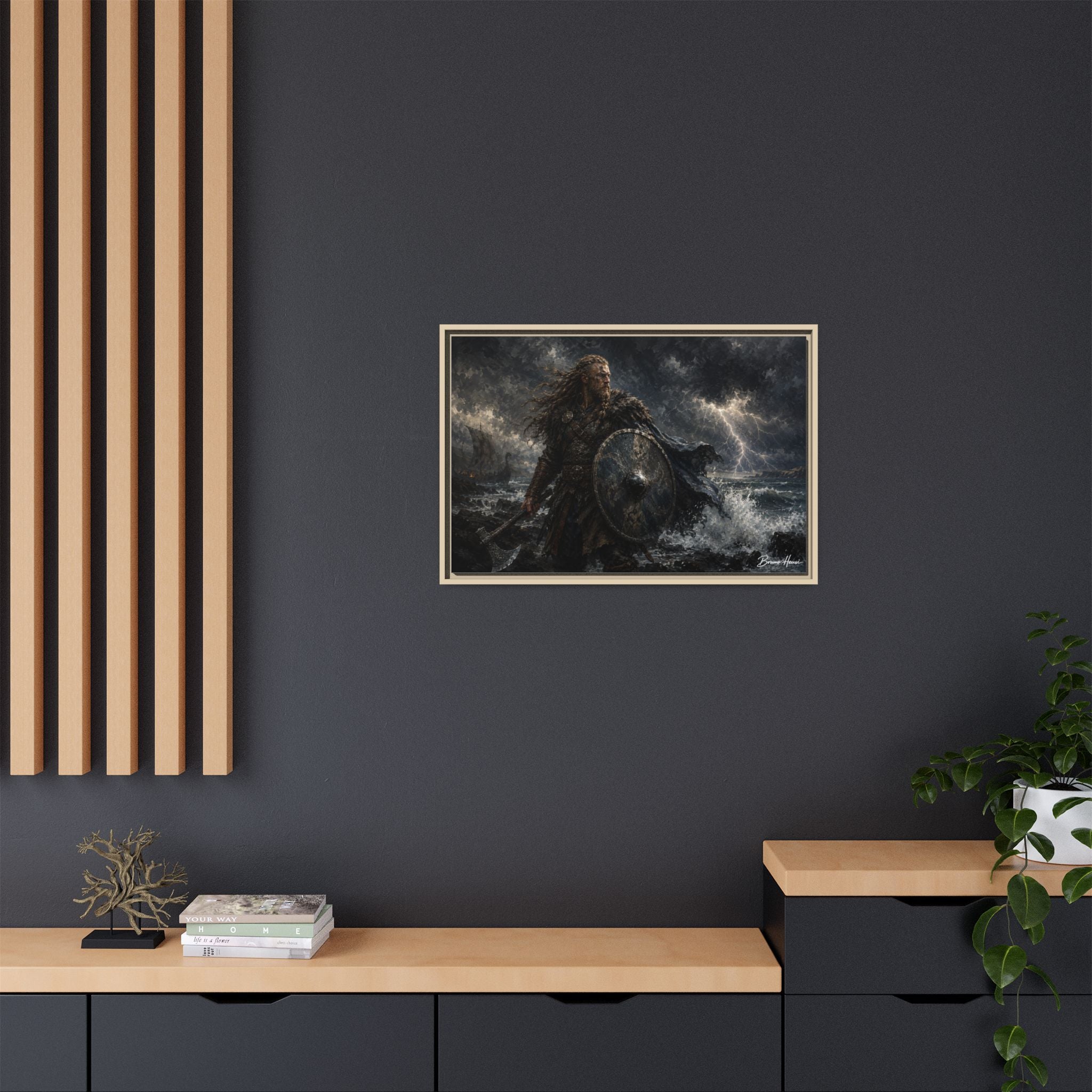 Viking Warrior Matte Framed Canvas Print — Stormy Norse Shield and Axe Wall Art