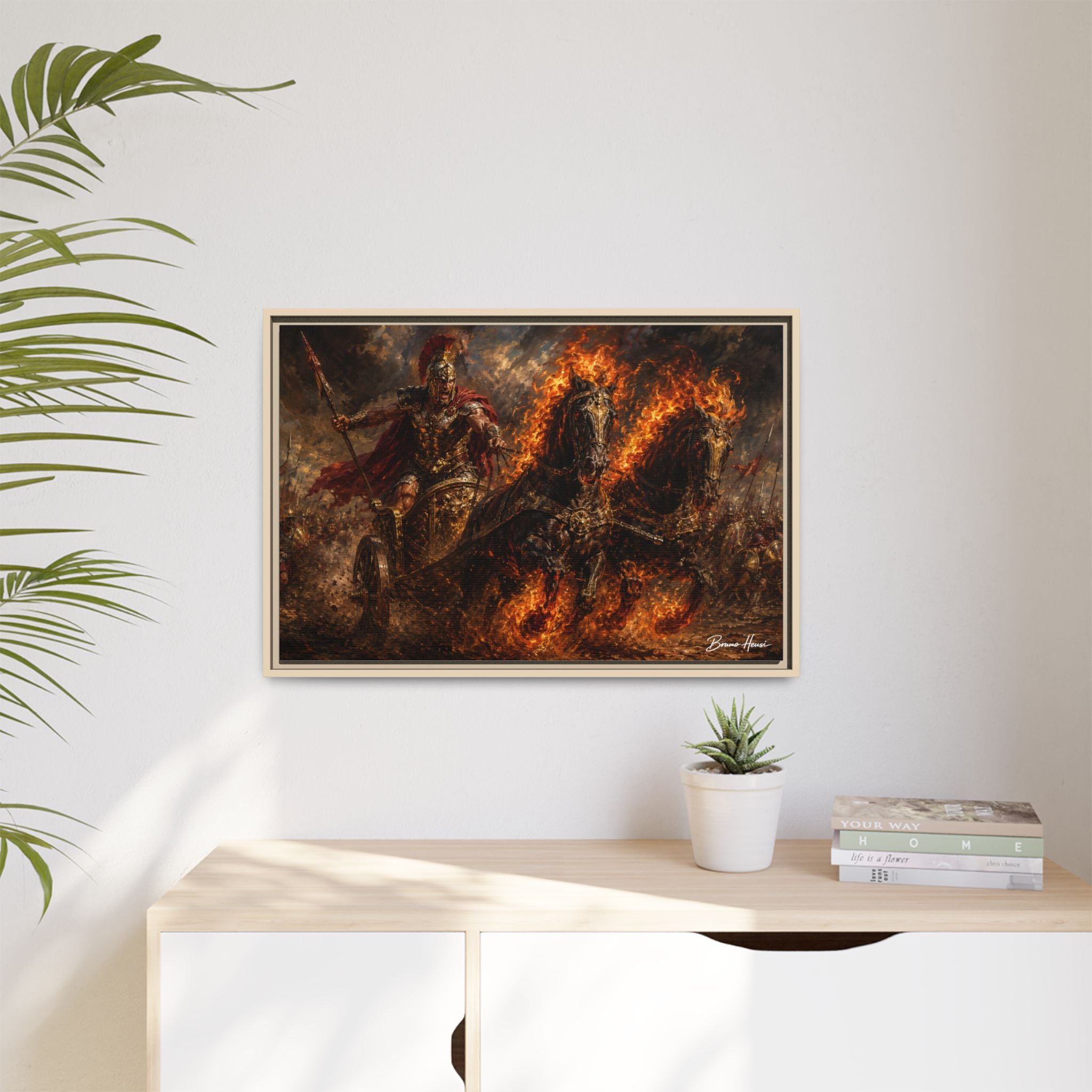 Flaming Chariot Framed Canvas Wall Art — Mythic Warrior Matte Print