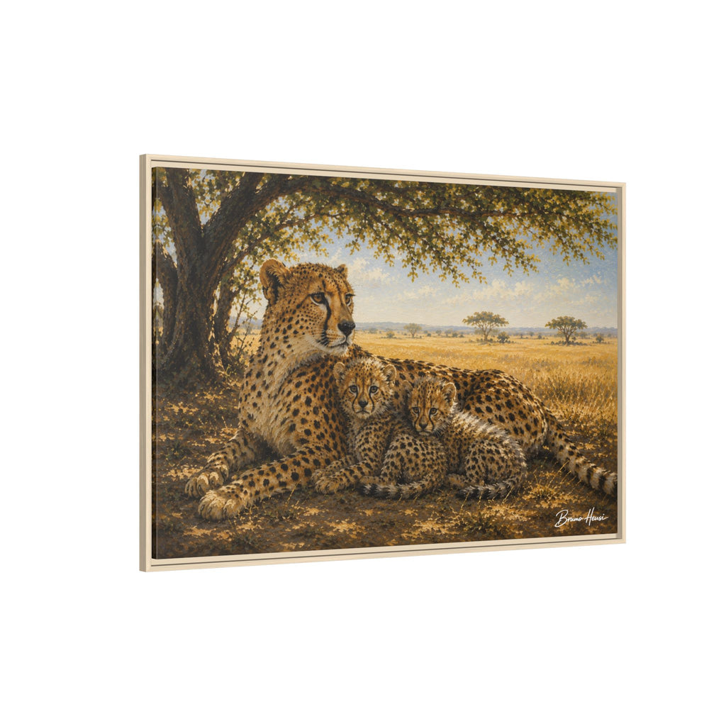 Cheetah Mother & Cubs Framed Canvas Wall Art – African Wildlife Safari Print