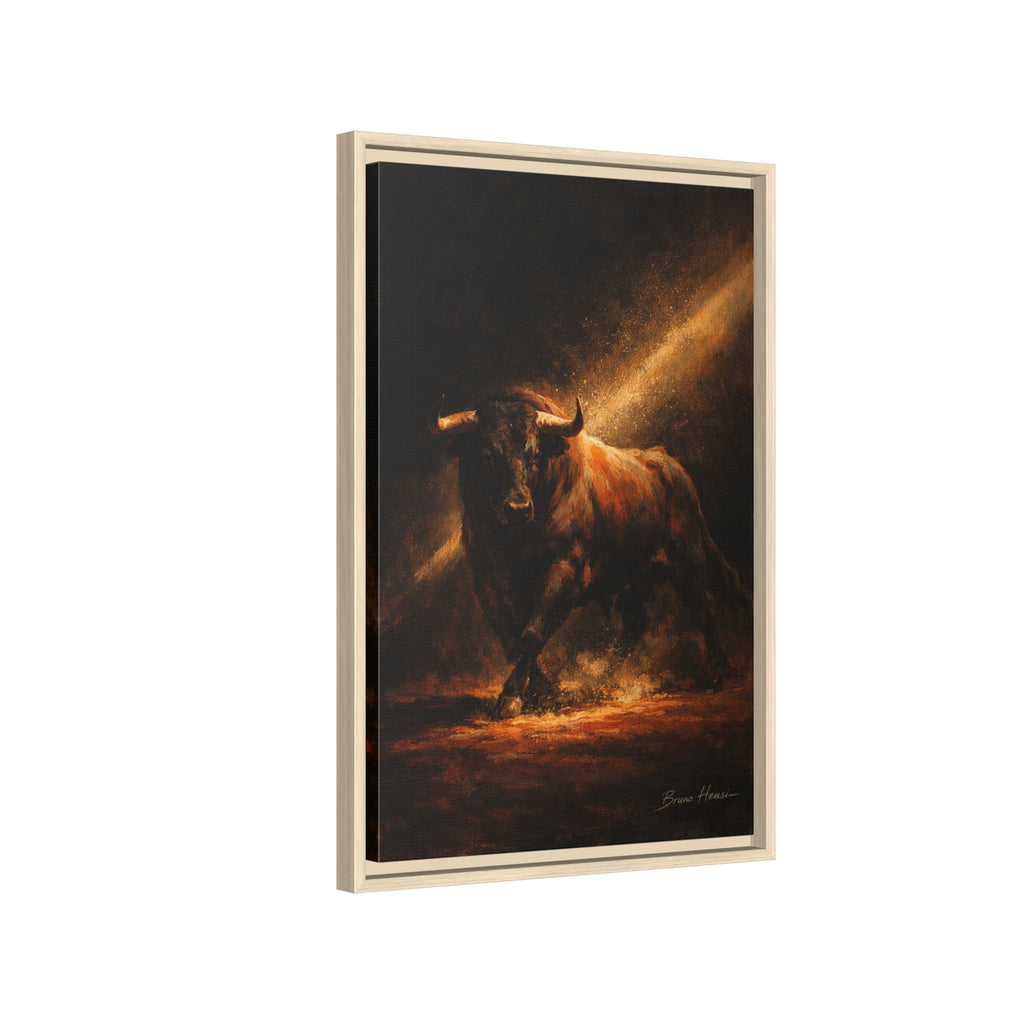 Framed Matte Canvas Art - Dramatic Charging Bull Painting