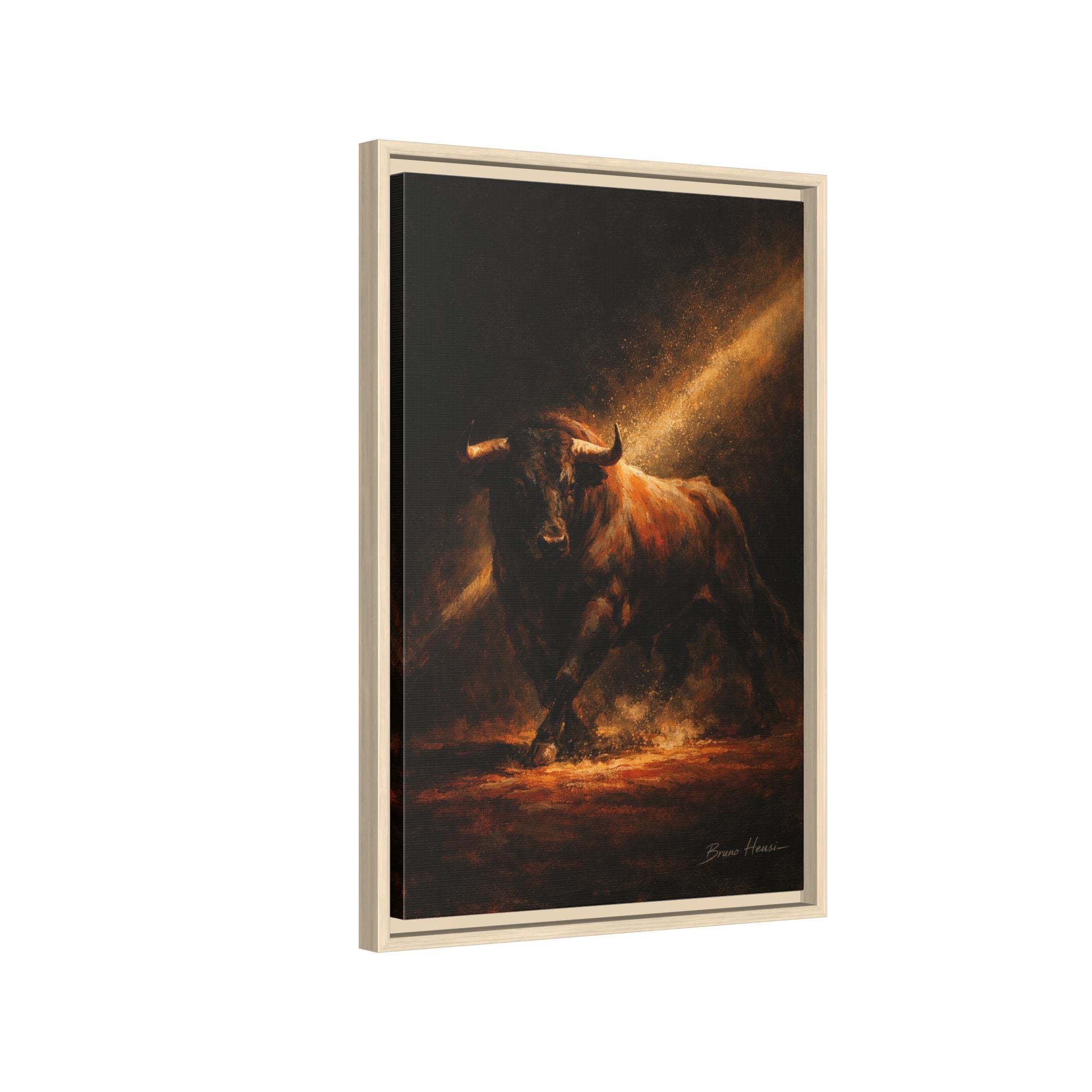 Framed Matte Canvas Art - Dramatic Charging Bull Painting