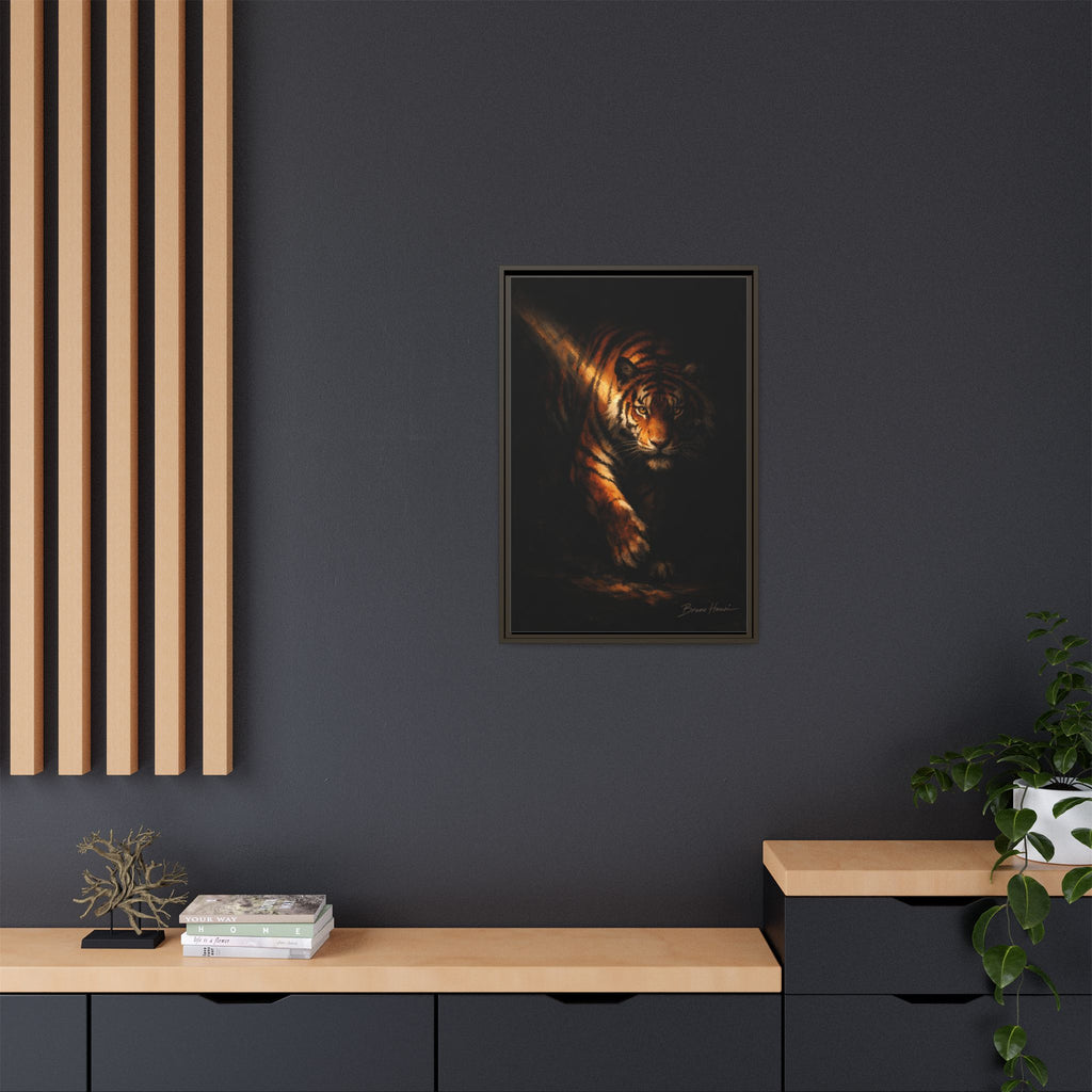 Tiger in the Shadows Matte Framed Canvas Print — Dramatic Wildlife Wall Art