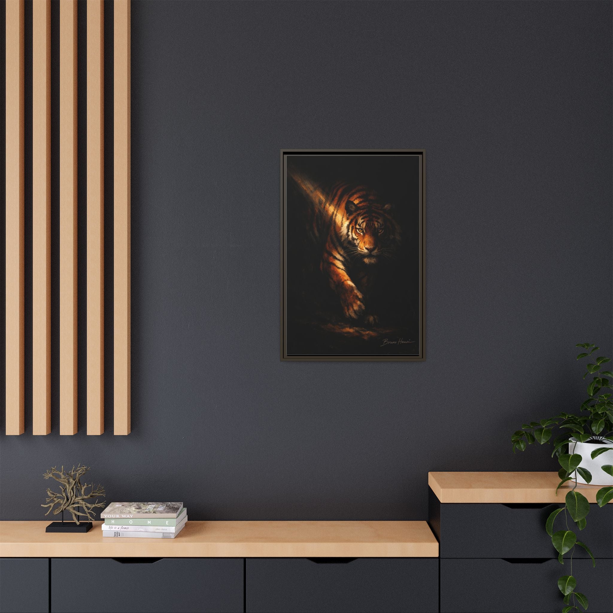 Tiger in the Shadows Matte Framed Canvas Print — Dramatic Wildlife Wall Art