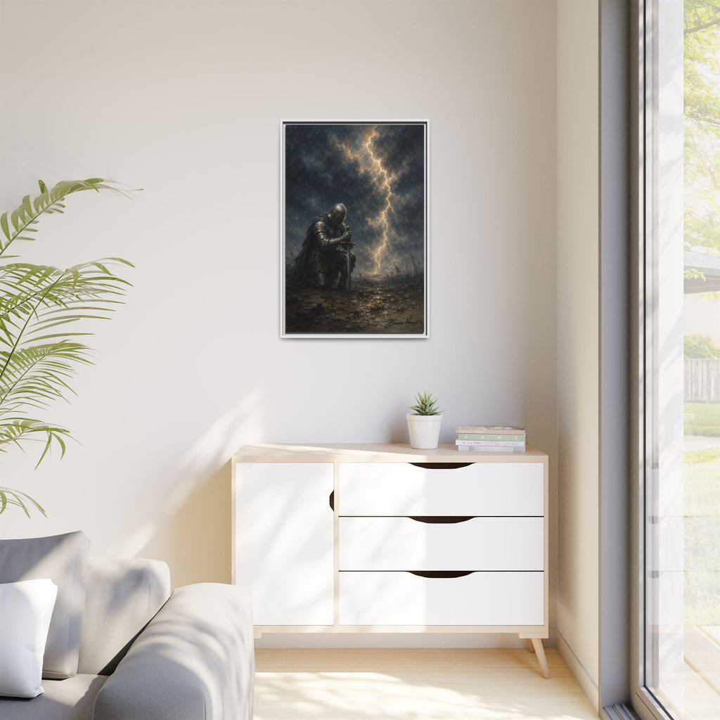 Knight in Thunderstorm Matte Framed Canvas — Dark Fantasy Wall Art