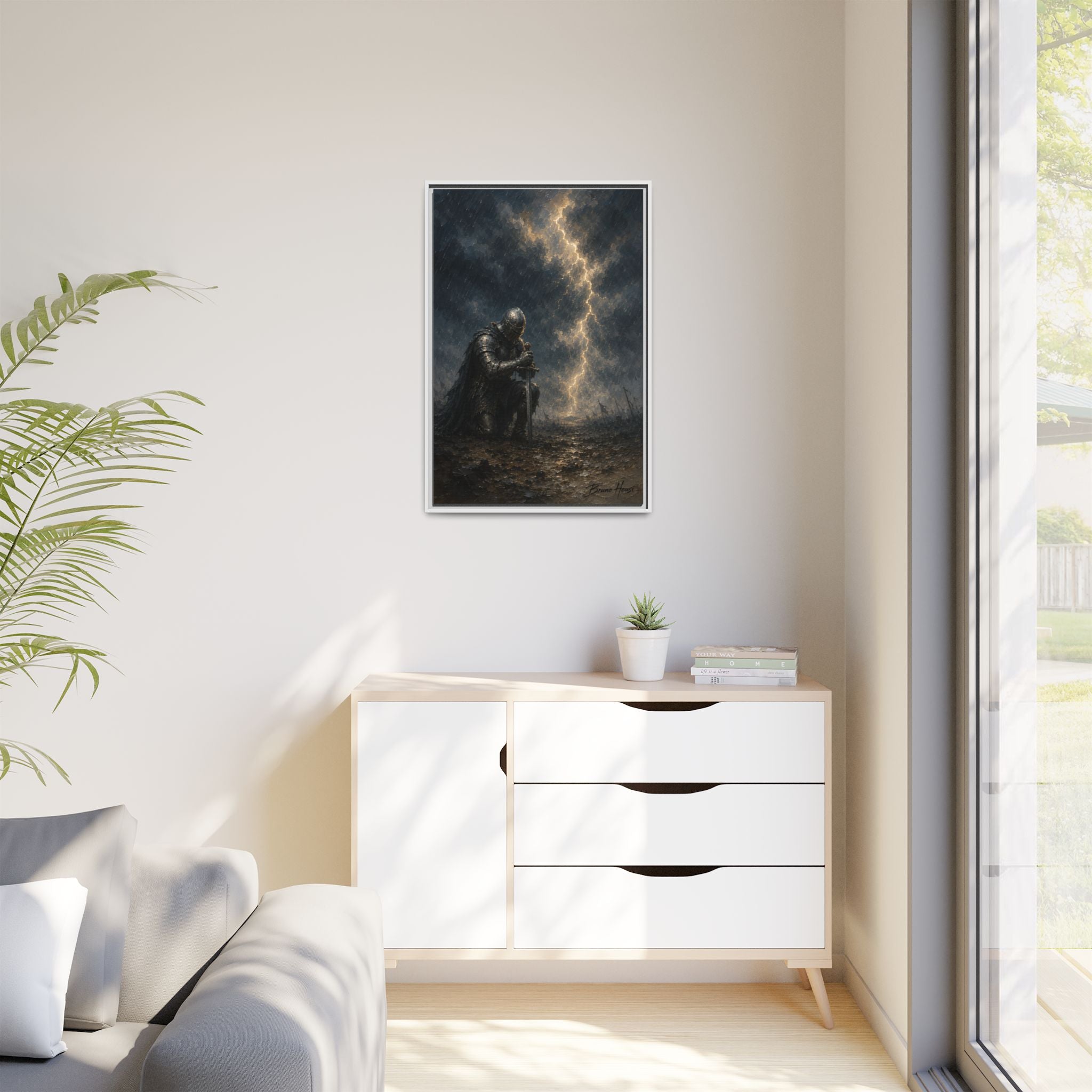 Knight in Thunderstorm Matte Framed Canvas — Dark Fantasy Wall Art