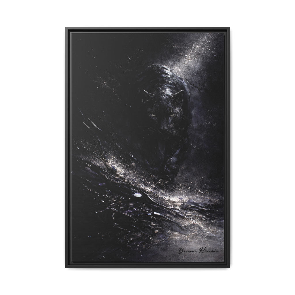 Cosmic Black Panther Matte Framed Canvas – Dark Abstract Wildlife Wall Art
