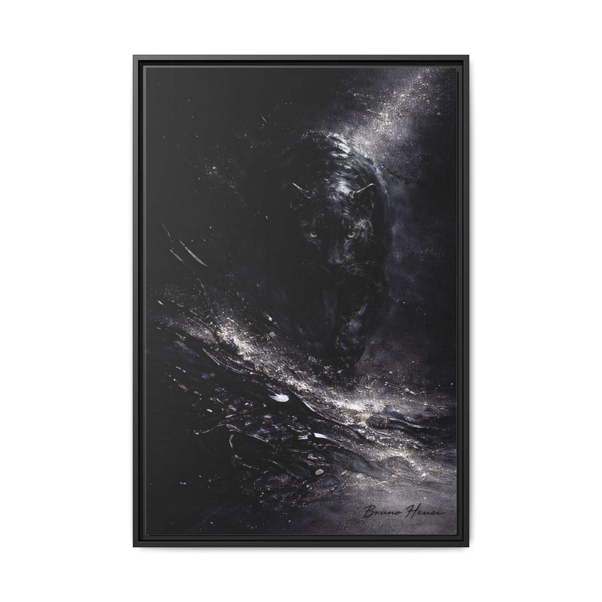 Cosmic Black Panther Matte Framed Canvas – Dark Abstract Wildlife Wall Art