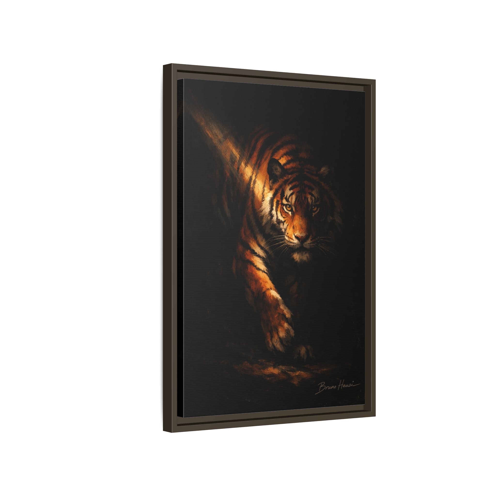 Tiger in the Shadows Matte Framed Canvas Print — Dramatic Wildlife Wall Art
