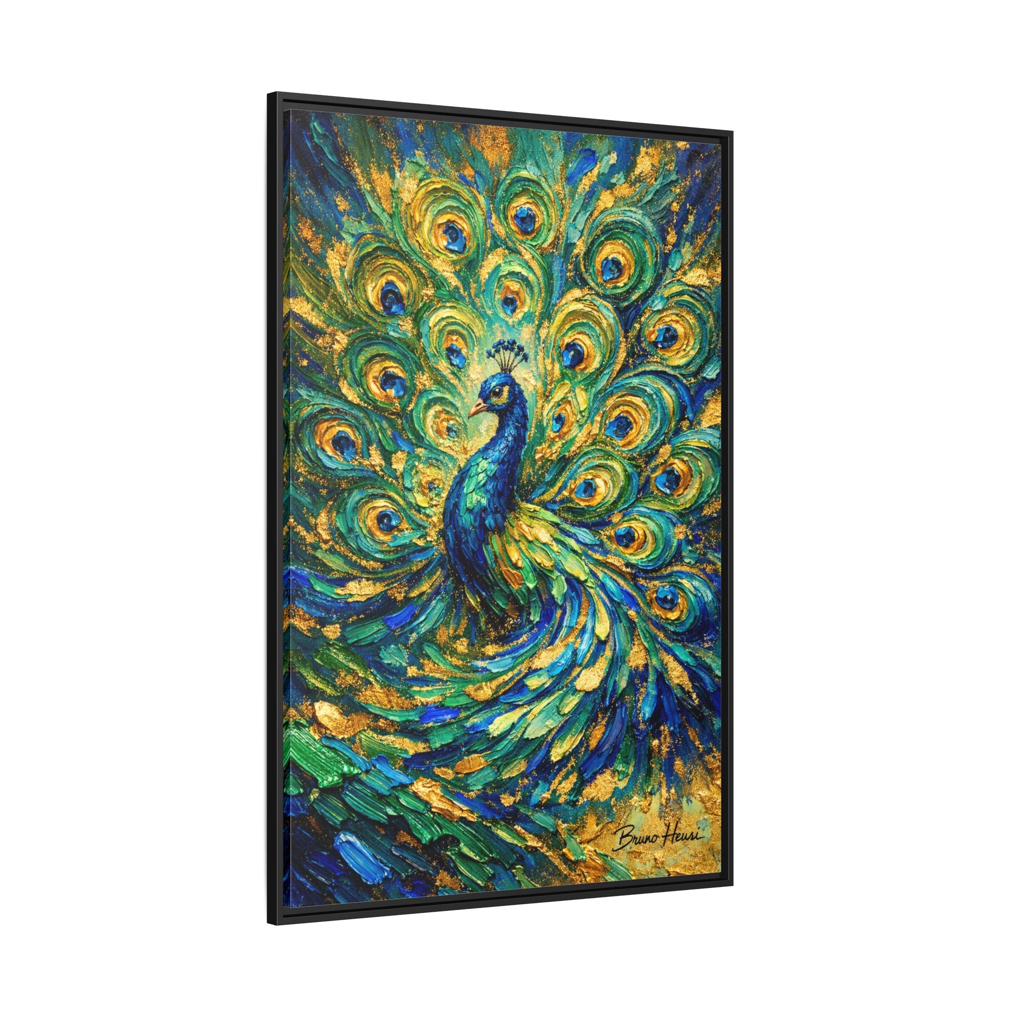 Peacock Oil-Style Framed Canvas Wall Art — Vibrant Blue & Gold Peacock Painting