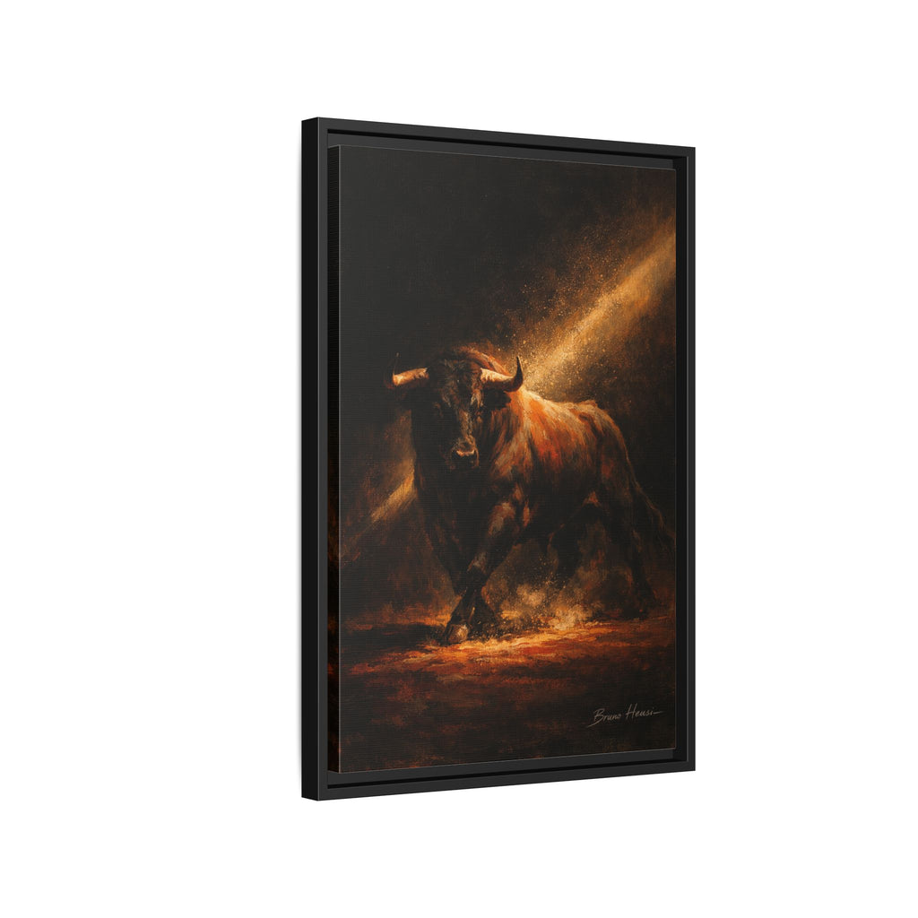 Framed Matte Canvas Art - Dramatic Charging Bull Painting