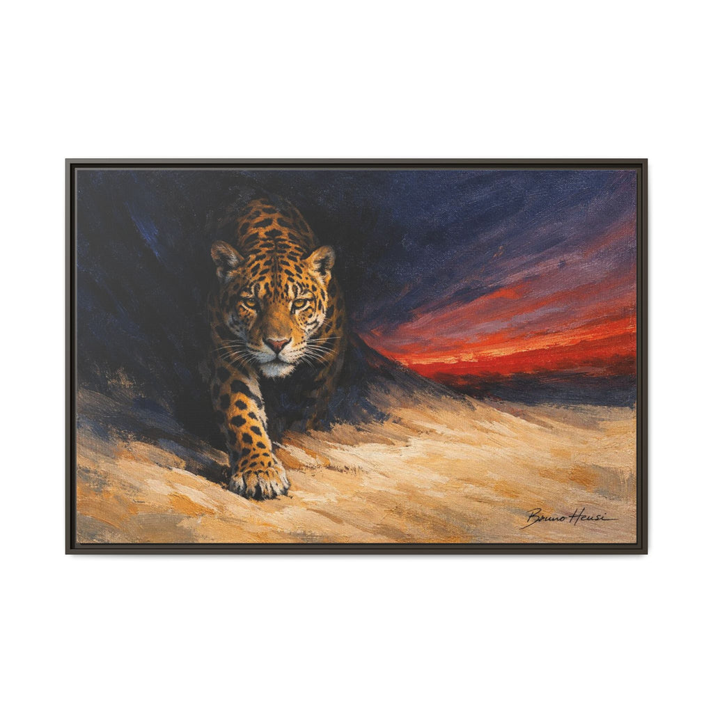 Framed Jaguar Canvas Art – Majestic Big Cat Painting with Sunset Sky