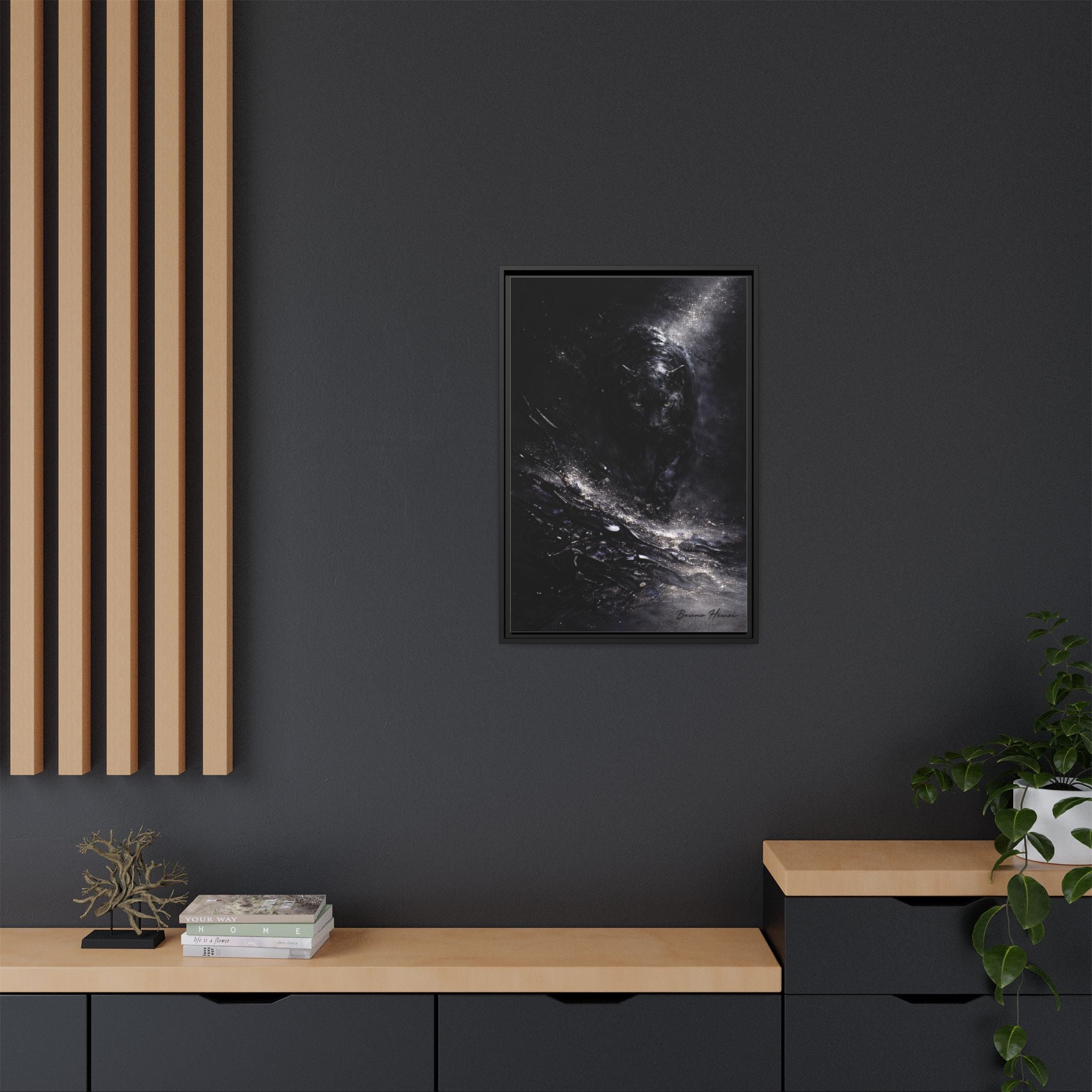 Cosmic Black Panther Matte Framed Canvas – Dark Abstract Wildlife Wall Art