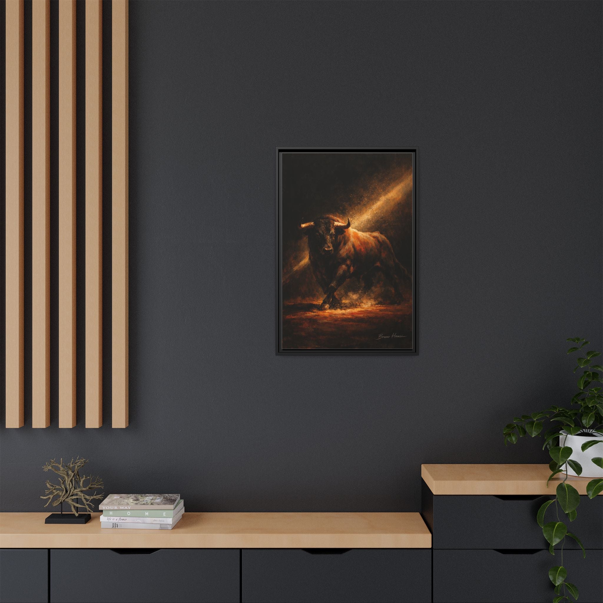 Framed Matte Canvas Art - Dramatic Charging Bull Painting