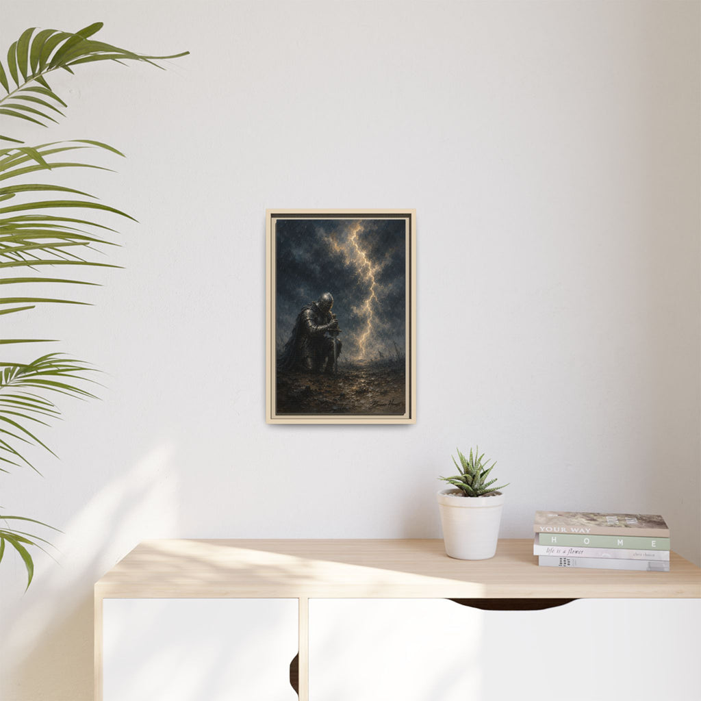 Knight in Thunderstorm Matte Framed Canvas — Dark Fantasy Wall Art