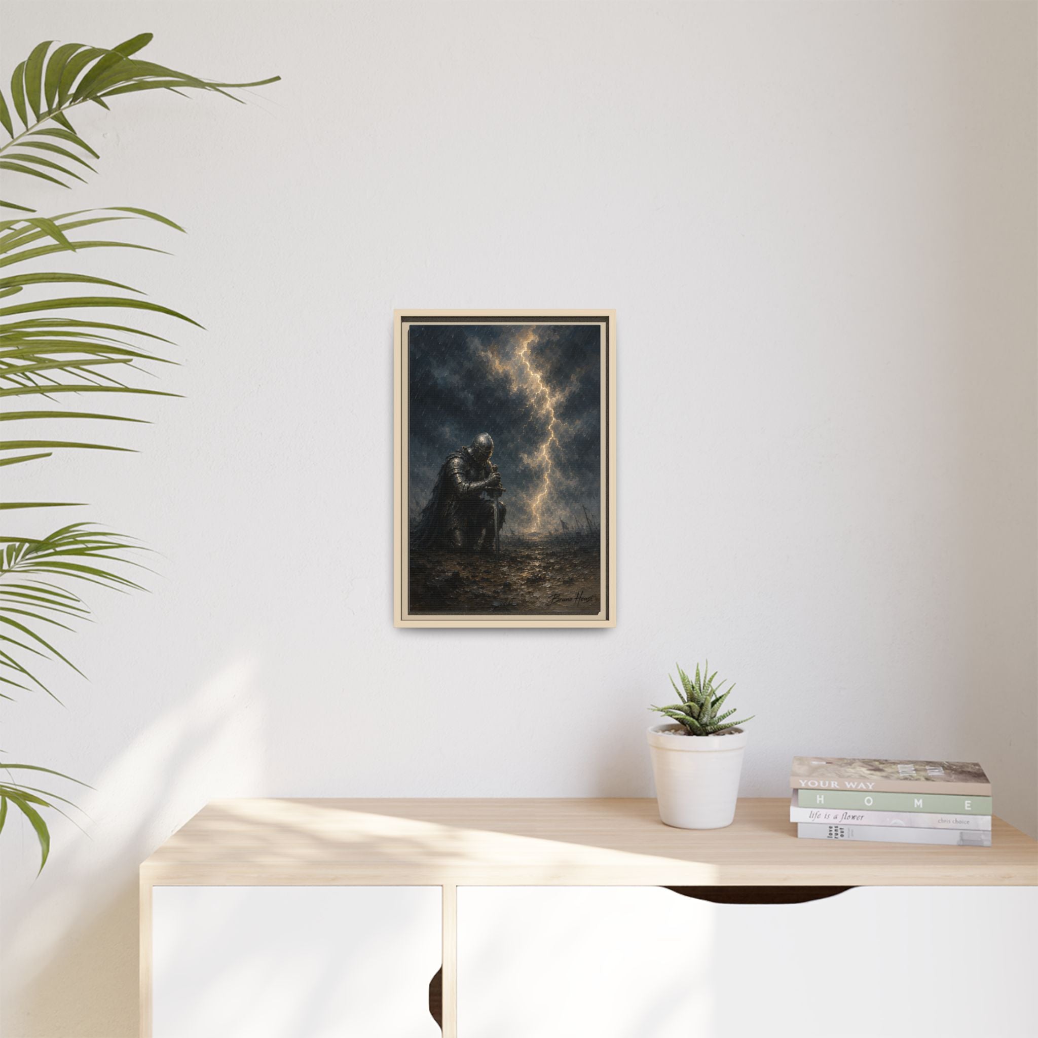Knight in Thunderstorm Matte Framed Canvas — Dark Fantasy Wall Art