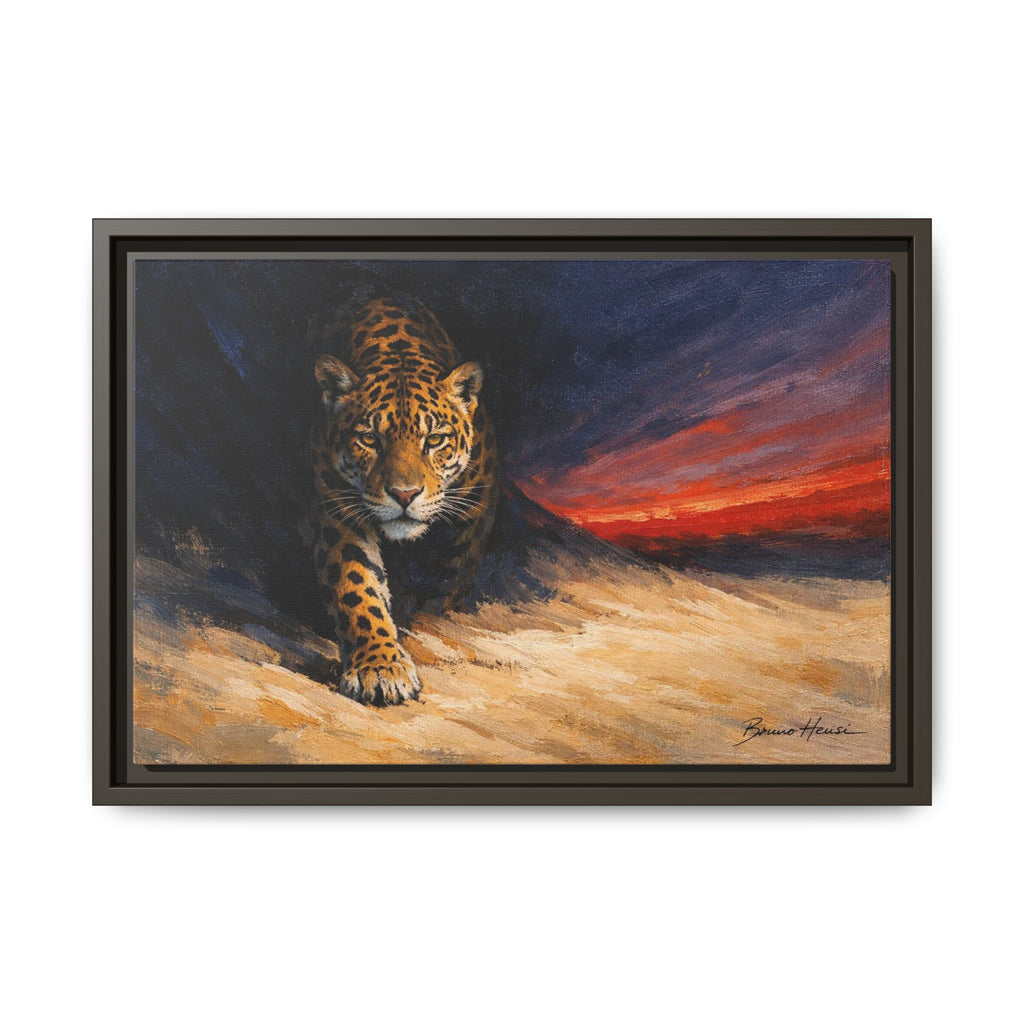 Framed Jaguar Canvas Art – Majestic Big Cat Painting with Sunset Sky