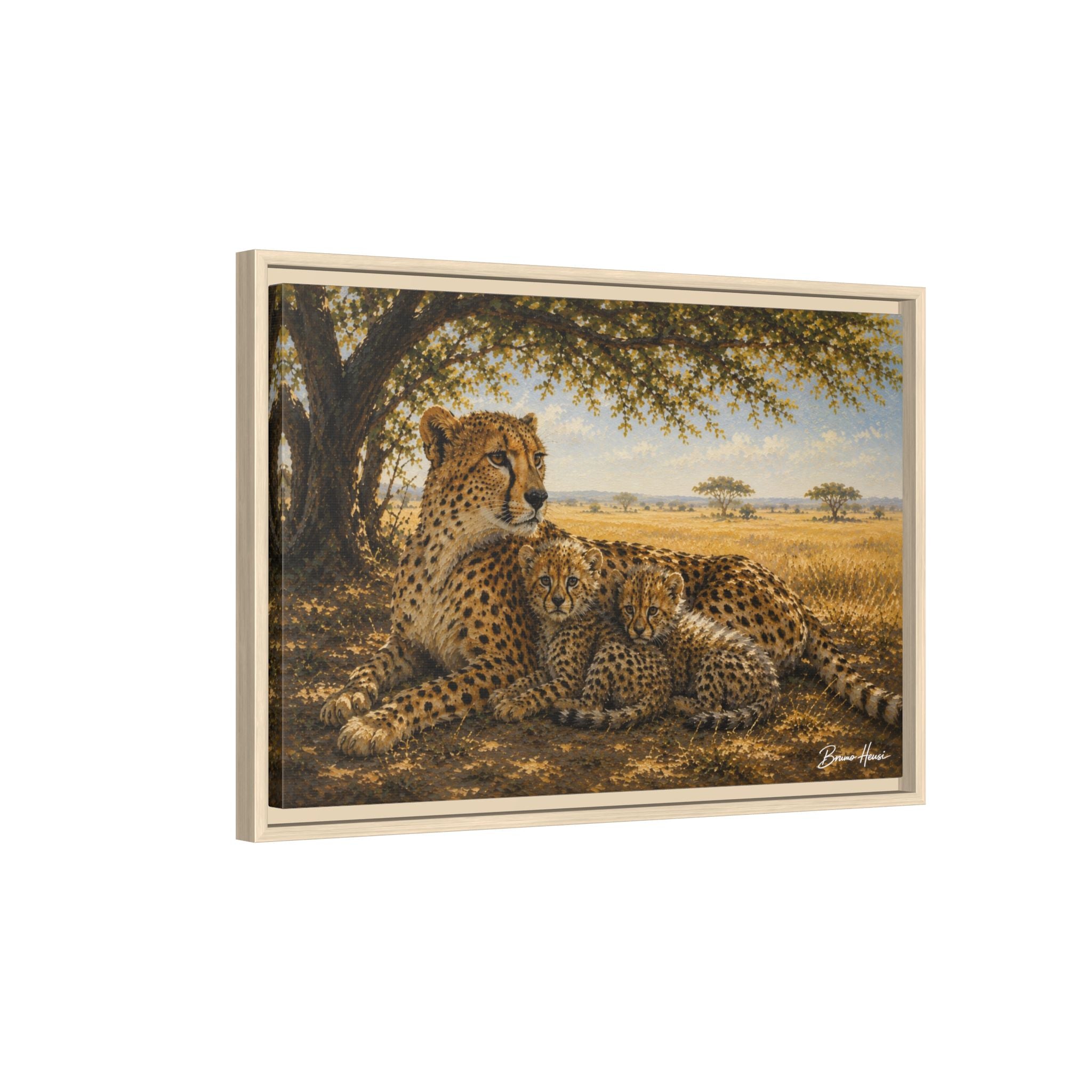 Cheetah Mother & Cubs Framed Canvas Wall Art – African Wildlife Safari Print