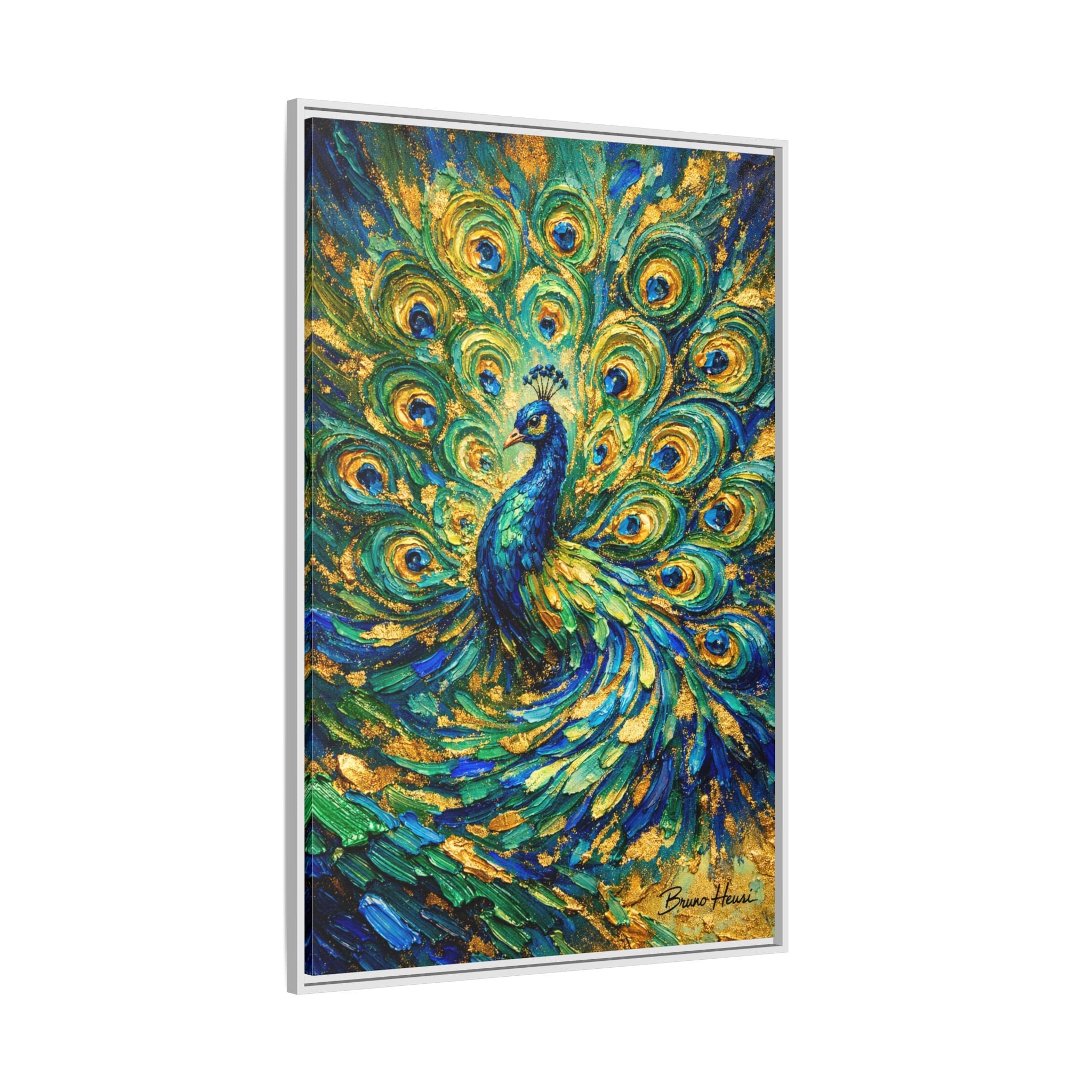 Peacock Oil-Style Framed Canvas Wall Art — Vibrant Blue & Gold Peacock Painting