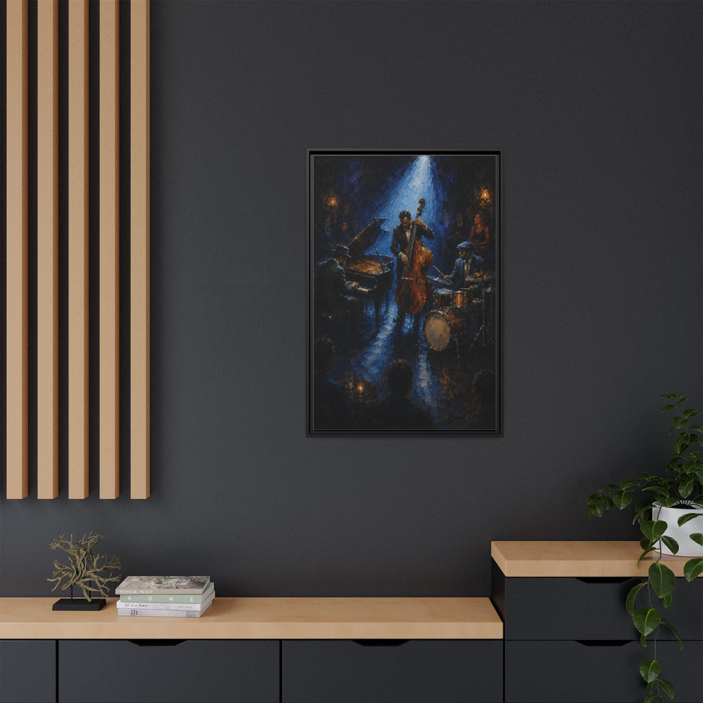 Framed Jazz Quartet Canvas Wall Art – Moody Blue Music Scene