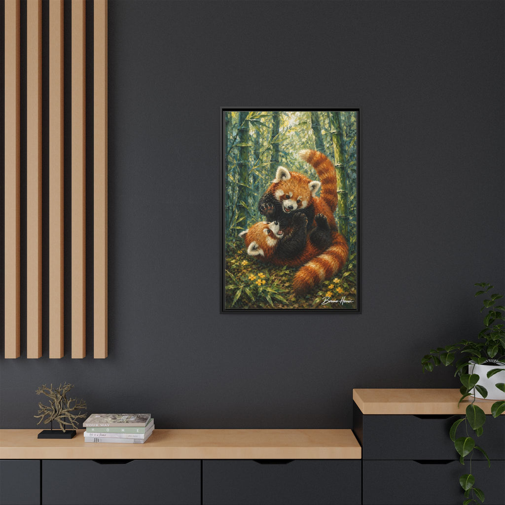 Red Panda Playtime Framed Canvas Wall Art — Playful Wildlife Print