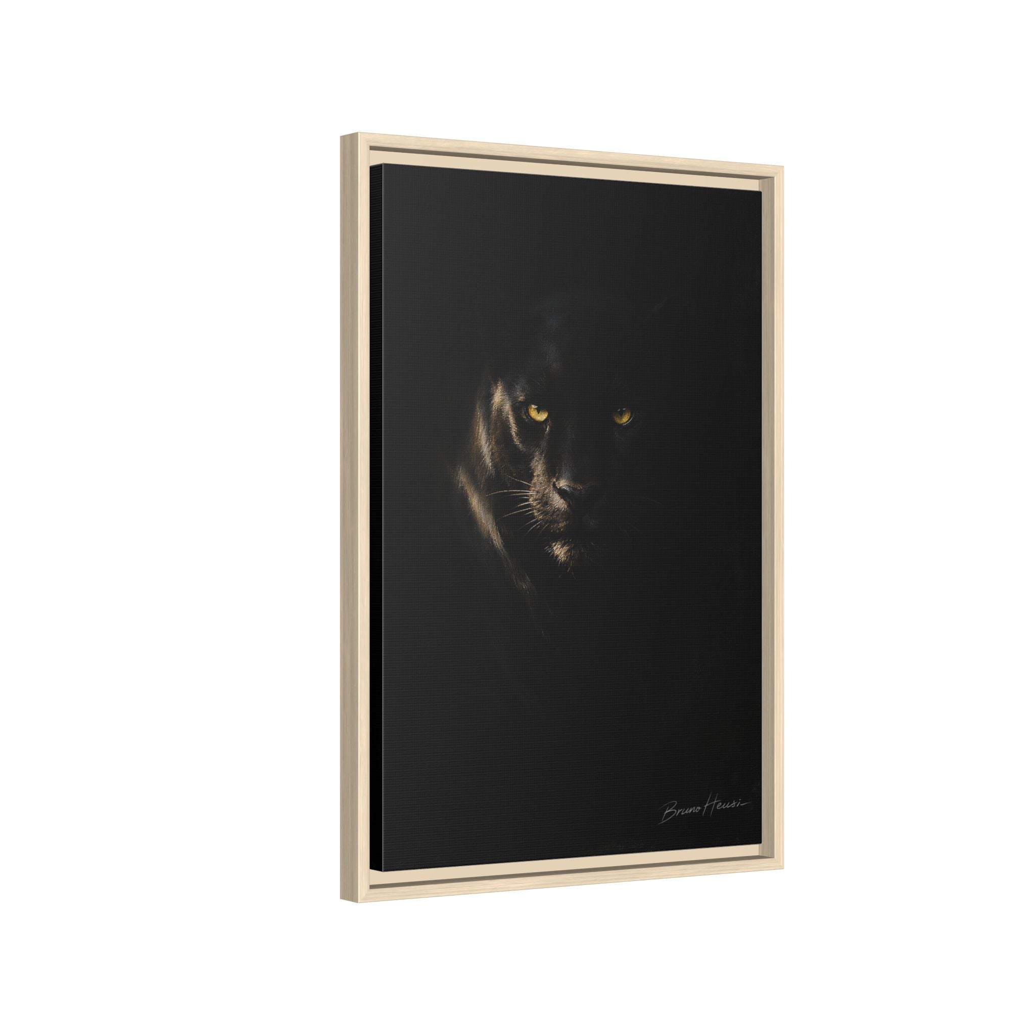 Framed Matte Canvas - Black Panther Wall Art with Golden Eyes