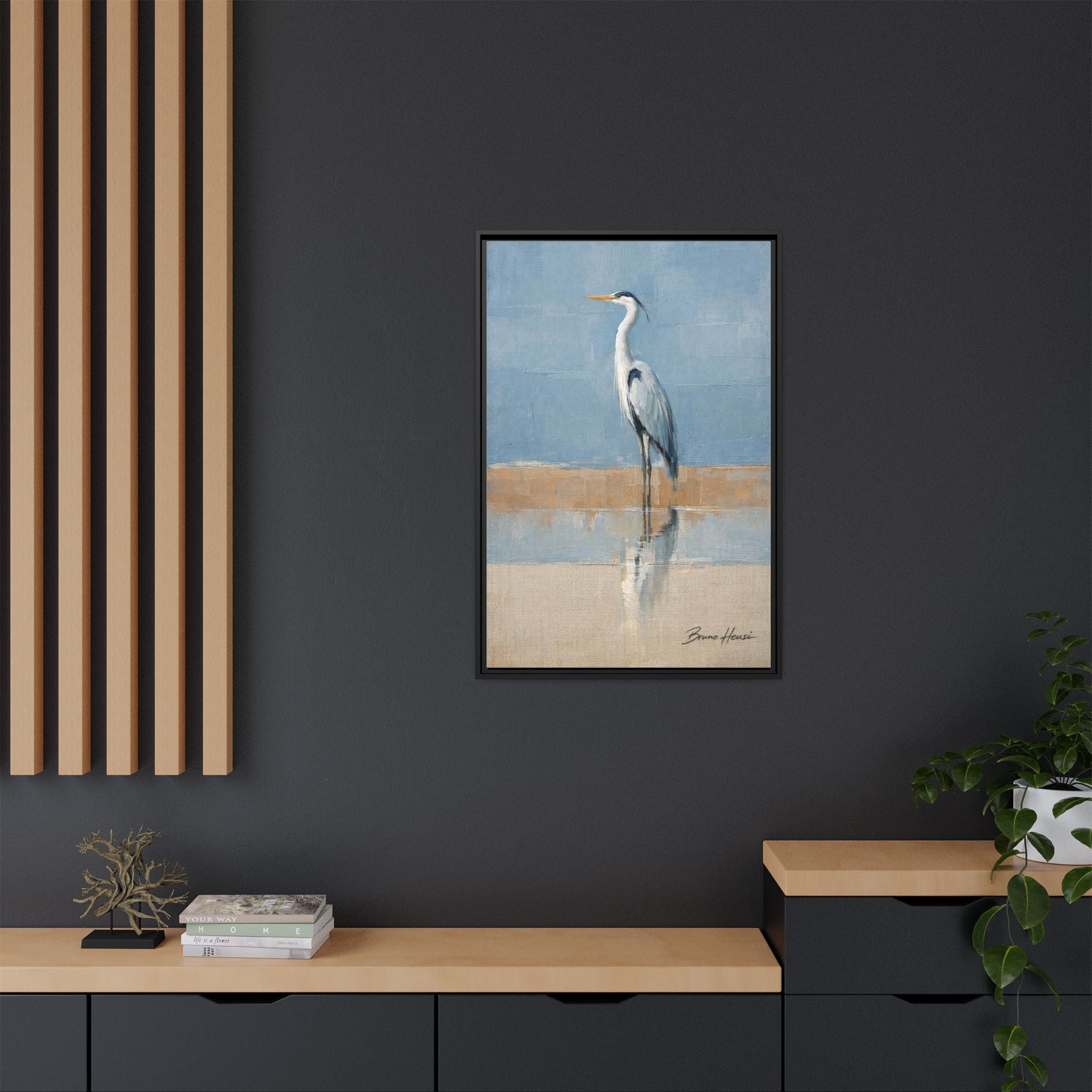 Framed Heron Canvas Art – Coastal Shorebird Wall Decor