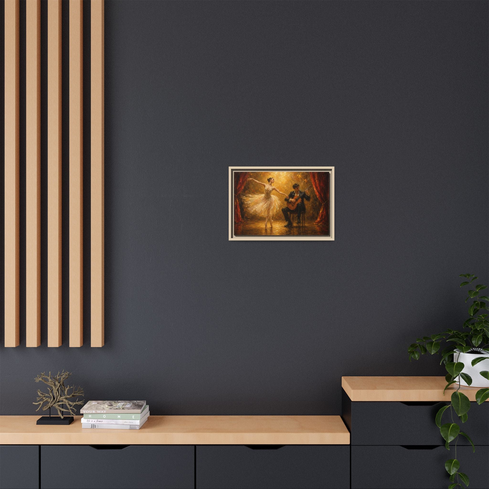 Ballet Dancer & Guitarist Framed Canvas Wall Art — Oil-Style Performance Print