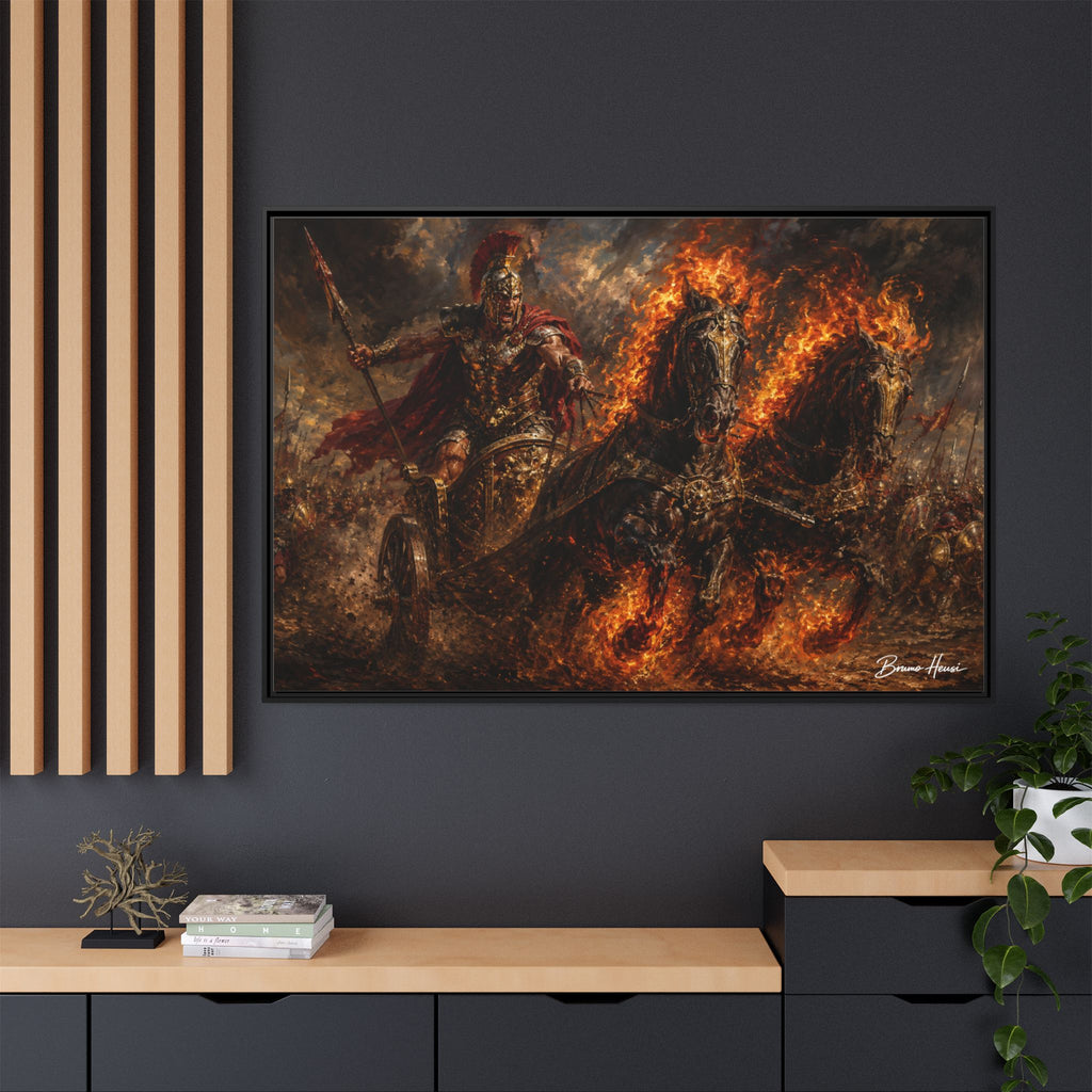 Flaming Chariot Framed Canvas Wall Art — Mythic Warrior Matte Print