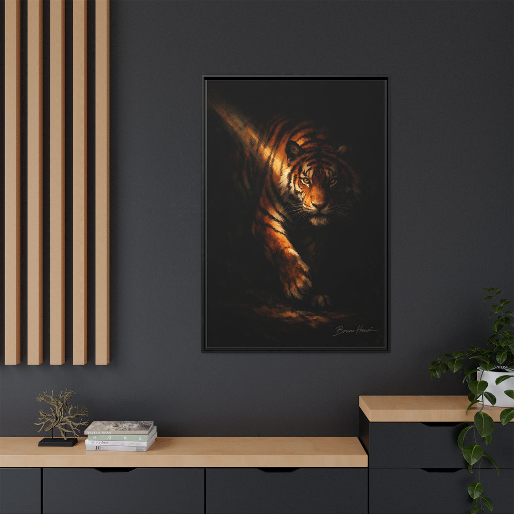 Tiger in the Shadows Matte Framed Canvas Print — Dramatic Wildlife Wall Art