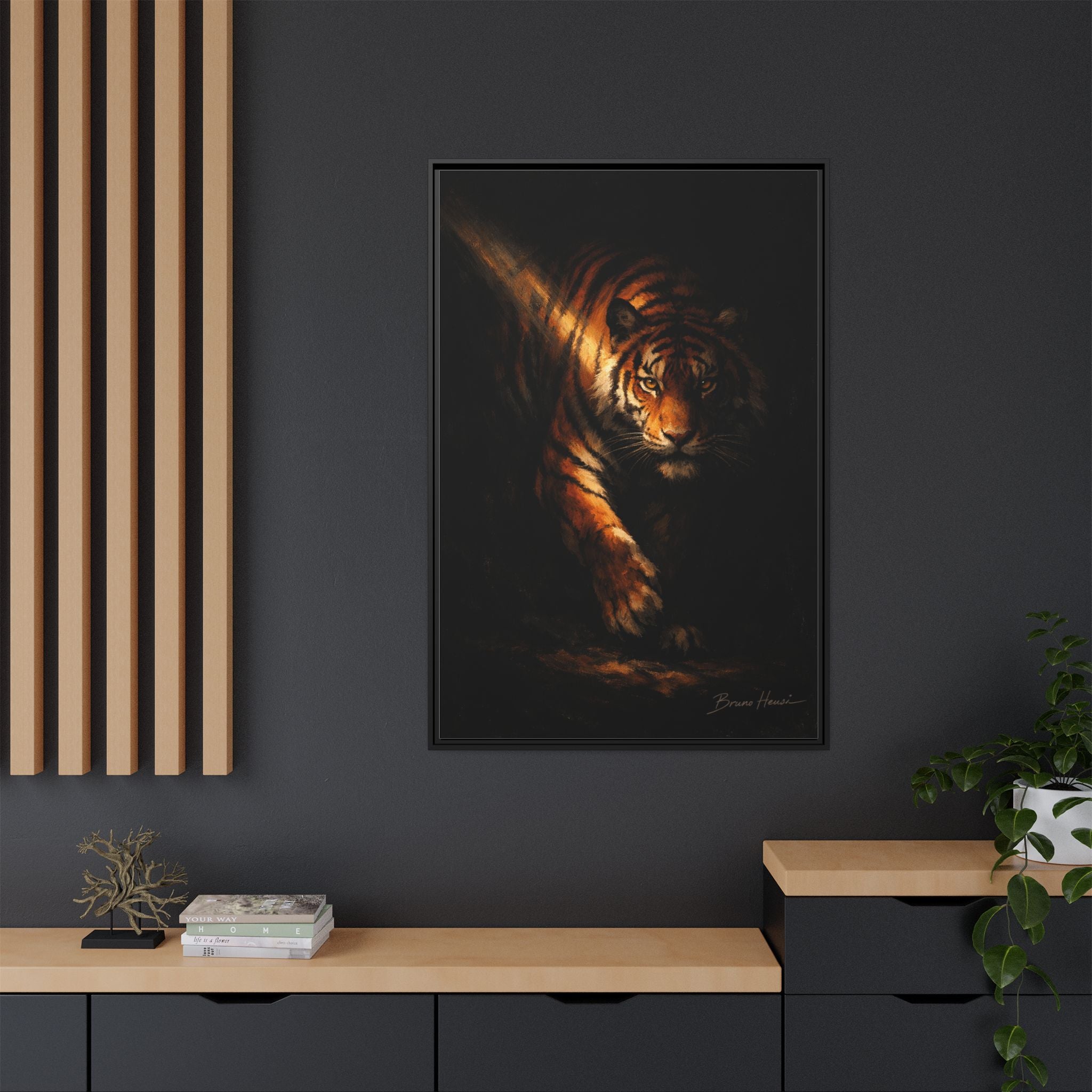 Tiger in the Shadows Matte Framed Canvas Print — Dramatic Wildlife Wall Art