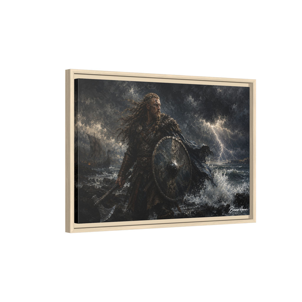 Viking Warrior Matte Framed Canvas Print — Stormy Norse Shield and Axe Wall Art