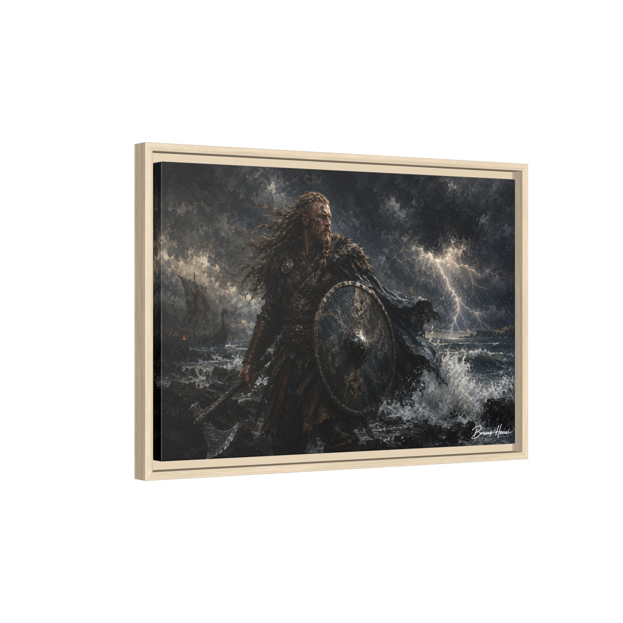 Viking Warrior Matte Framed Canvas Print — Stormy Norse Shield and Axe Wall Art