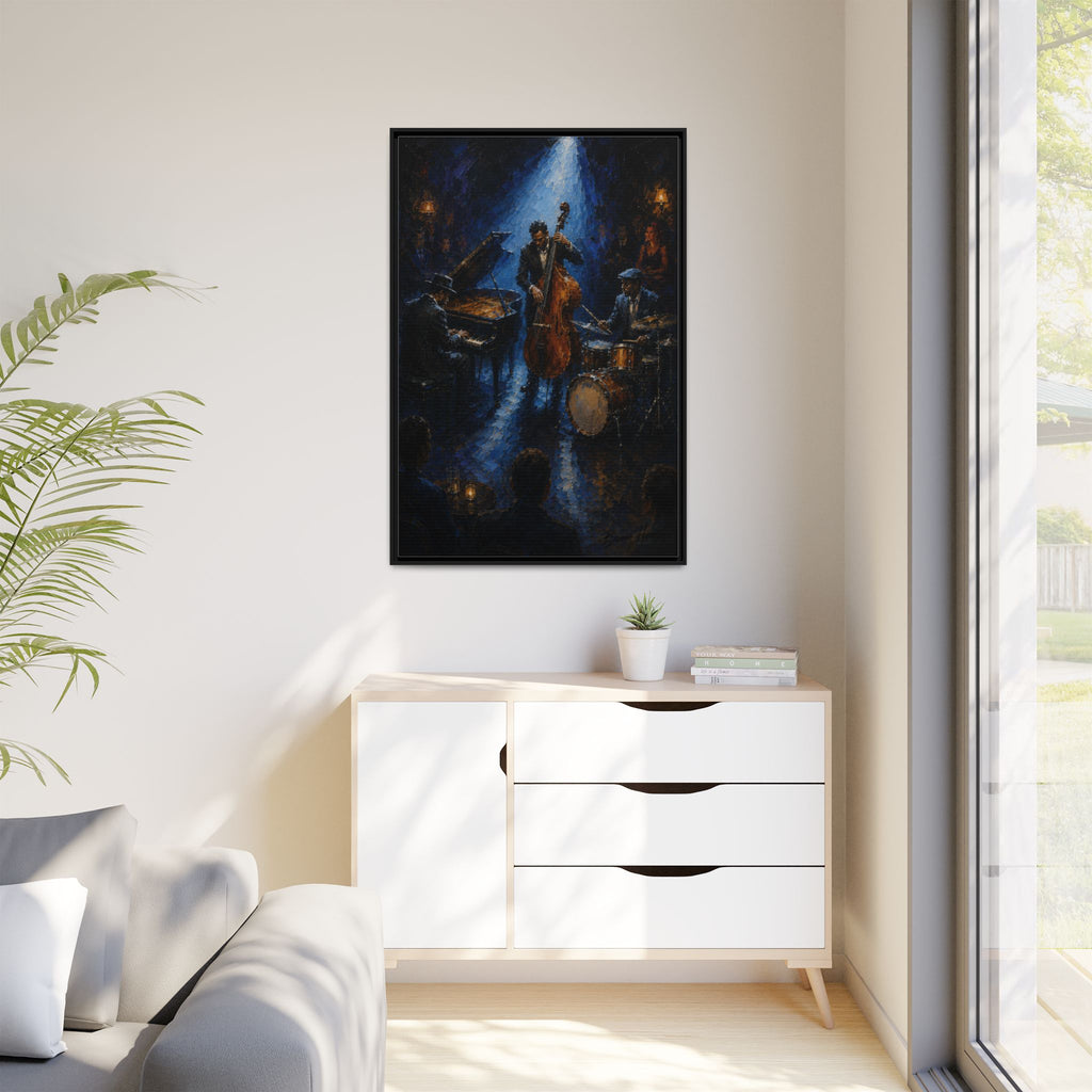 Framed Jazz Quartet Canvas Wall Art – Moody Blue Music Scene