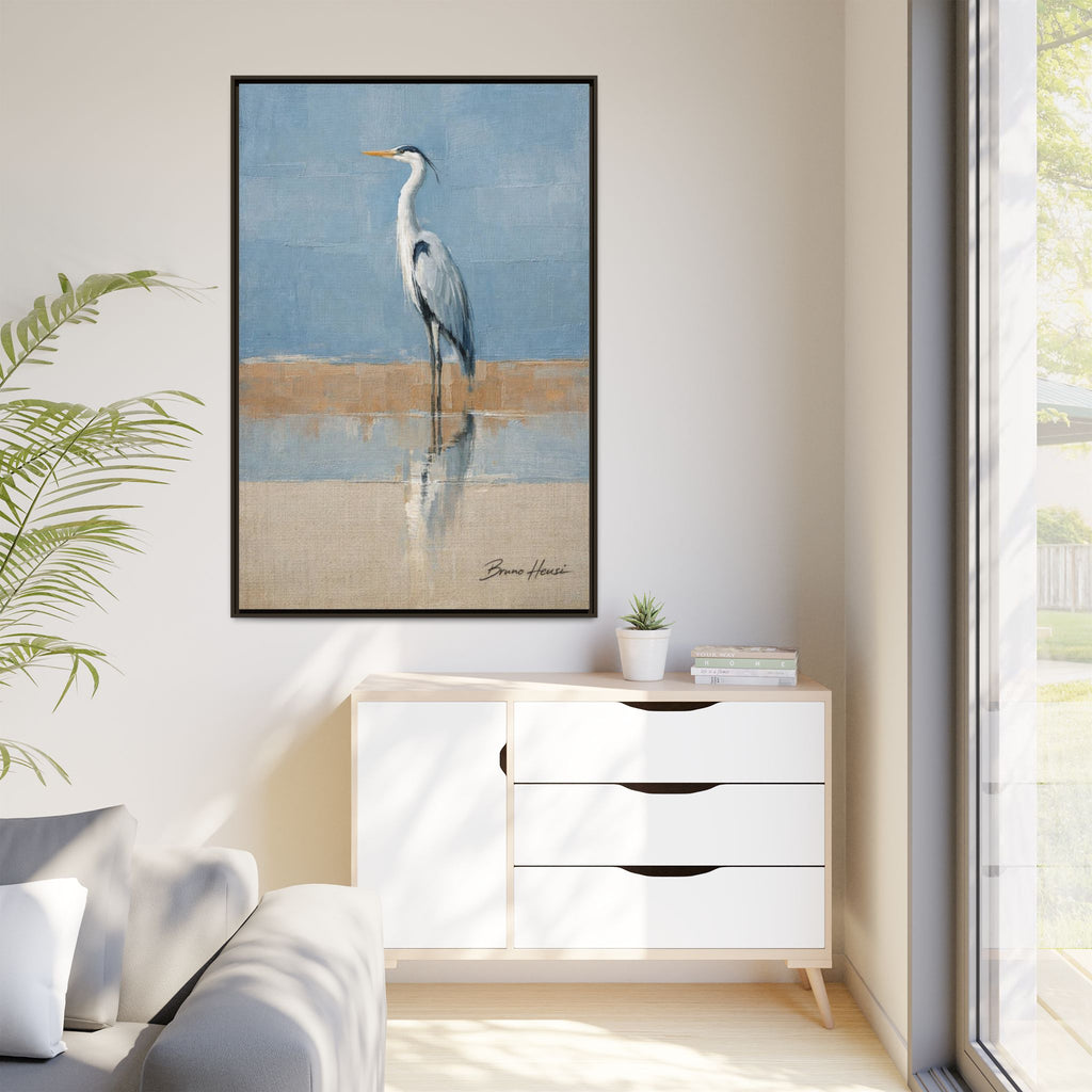 Framed Heron Canvas Art – Coastal Shorebird Wall Decor